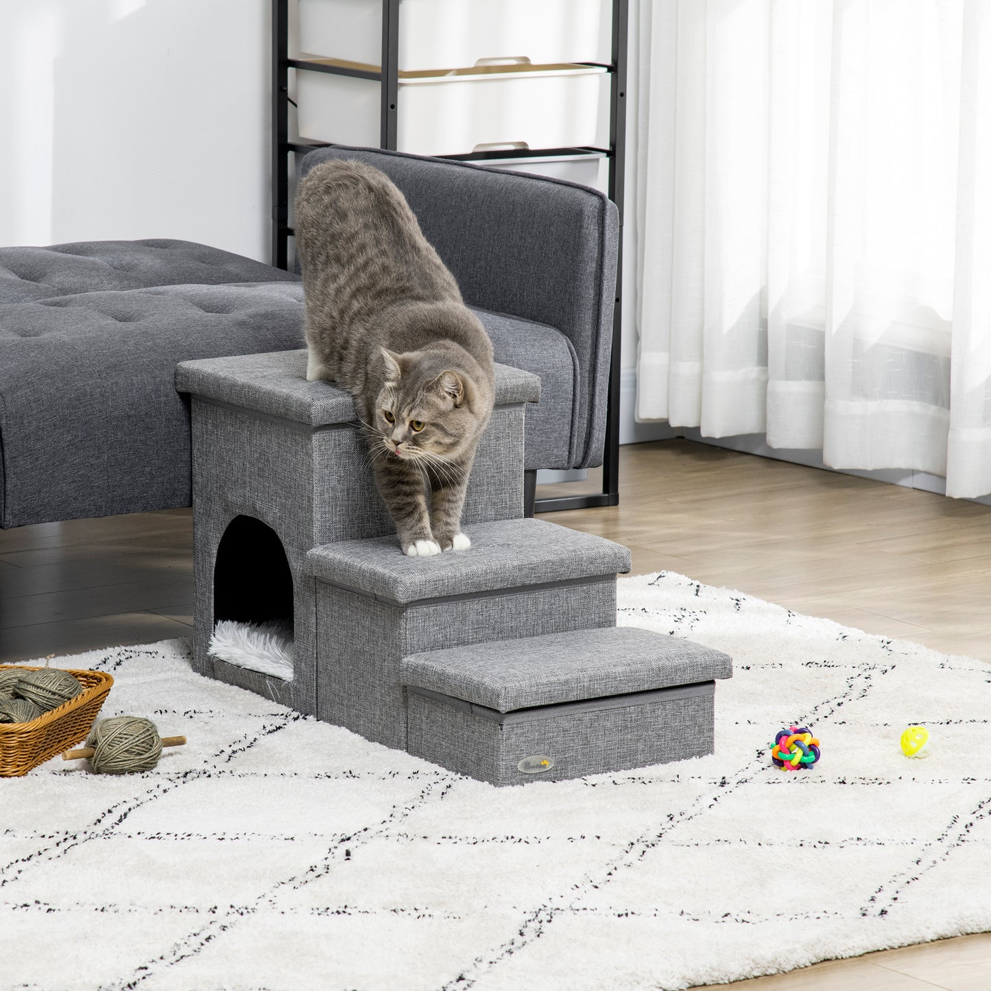 PawHut Escalera para Perros Escalera Rampa para Mascotas de 3 Peldaños con Tapas 3 Cajas de Almacenamiento Cueva y Cojín Lavable para Cama Sofá 73,5x33x40,5 cm Gris