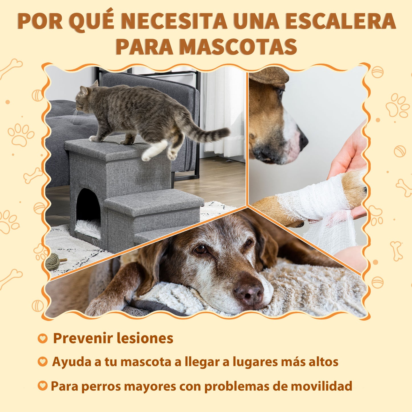 PawHut Escalera para Perros Escalera Rampa para Mascotas de 3 Peldaños con Tapas 3 Cajas de Almacenamiento Cueva y Cojín Lavable para Cama Sofá 73,5x33x40,5 cm Gris