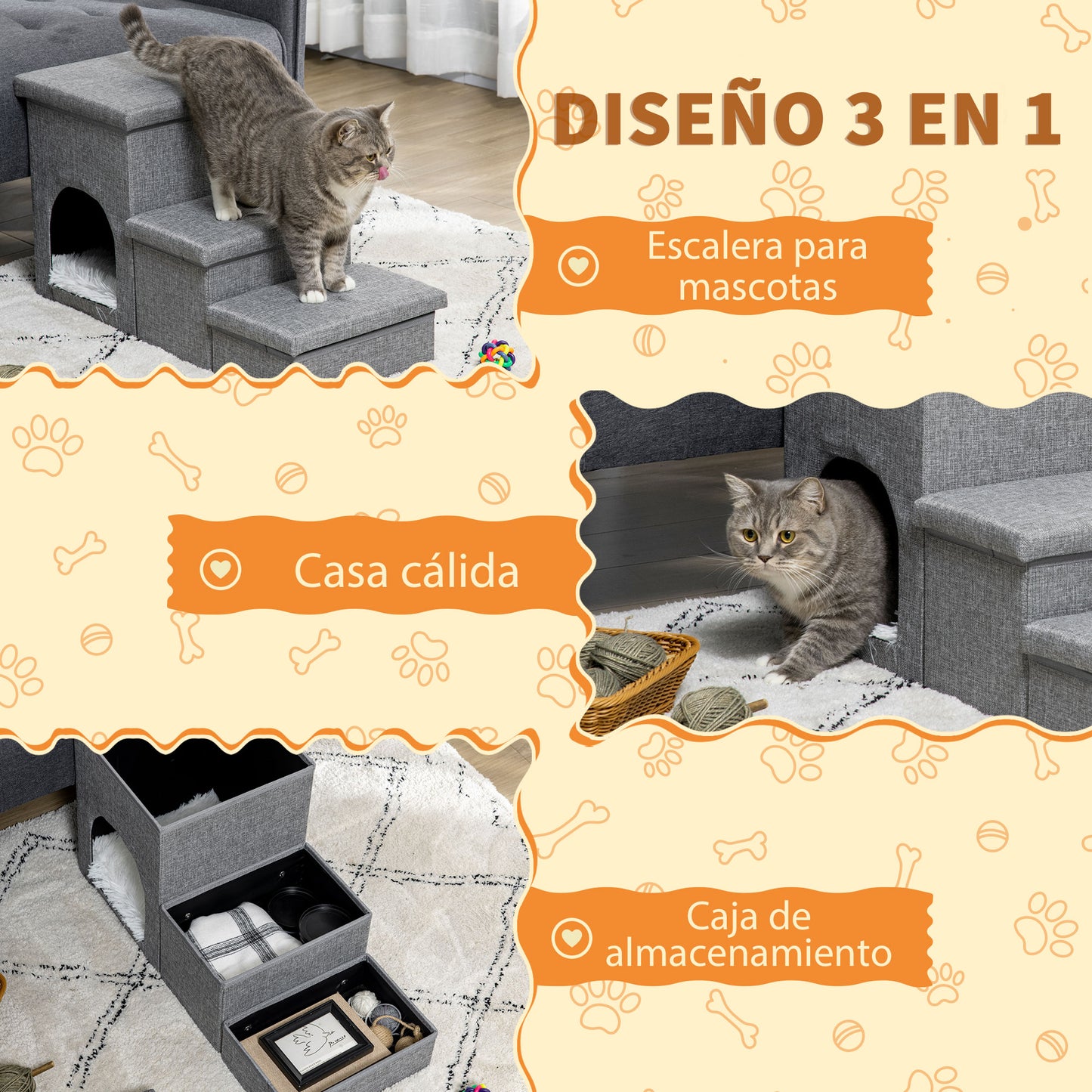 PawHut Escalera para Perros Escalera Rampa para Mascotas de 3 Peldaños con Tapas 3 Cajas de Almacenamiento Cueva y Cojín Lavable para Cama Sofá 73,5x33x40,5 cm Gris