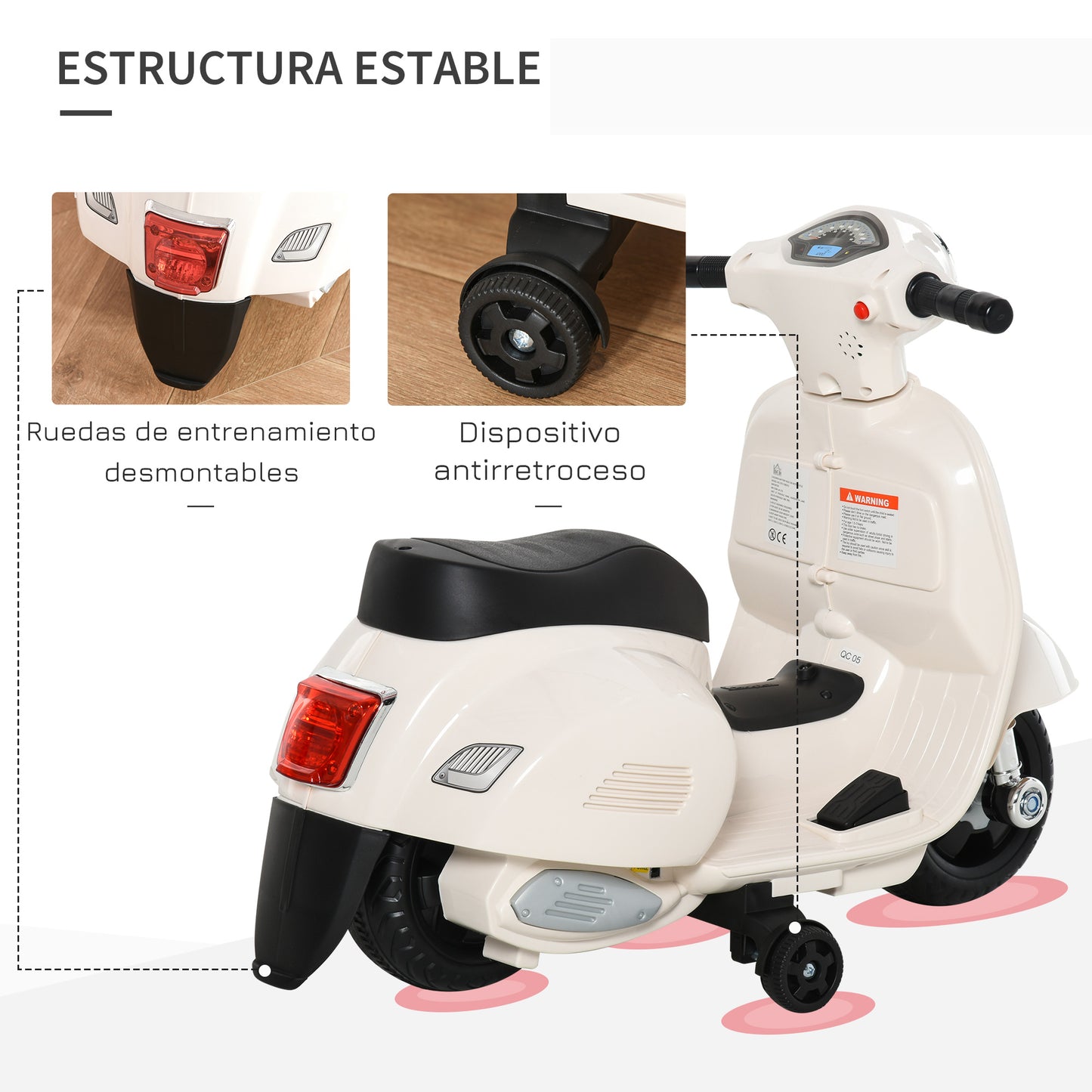 HOMCOM Moto Eléctrica Vespa para Niños de 18-36 Meses Moto de Batería 6V con Faro Bocina y 4 Ruedas Motocicleta Infantil con Licencia 66,5x38x52 cm Blanco