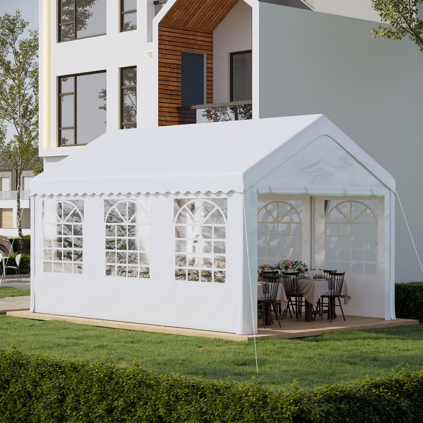 Outsunny Carpa para Fiesta Cochera Gazebo 6x4m Pergola Cenador Pabellón 4 Paneles Laterales Ventanas Anti-UV para Eventos Bodas Acero PE Blanco