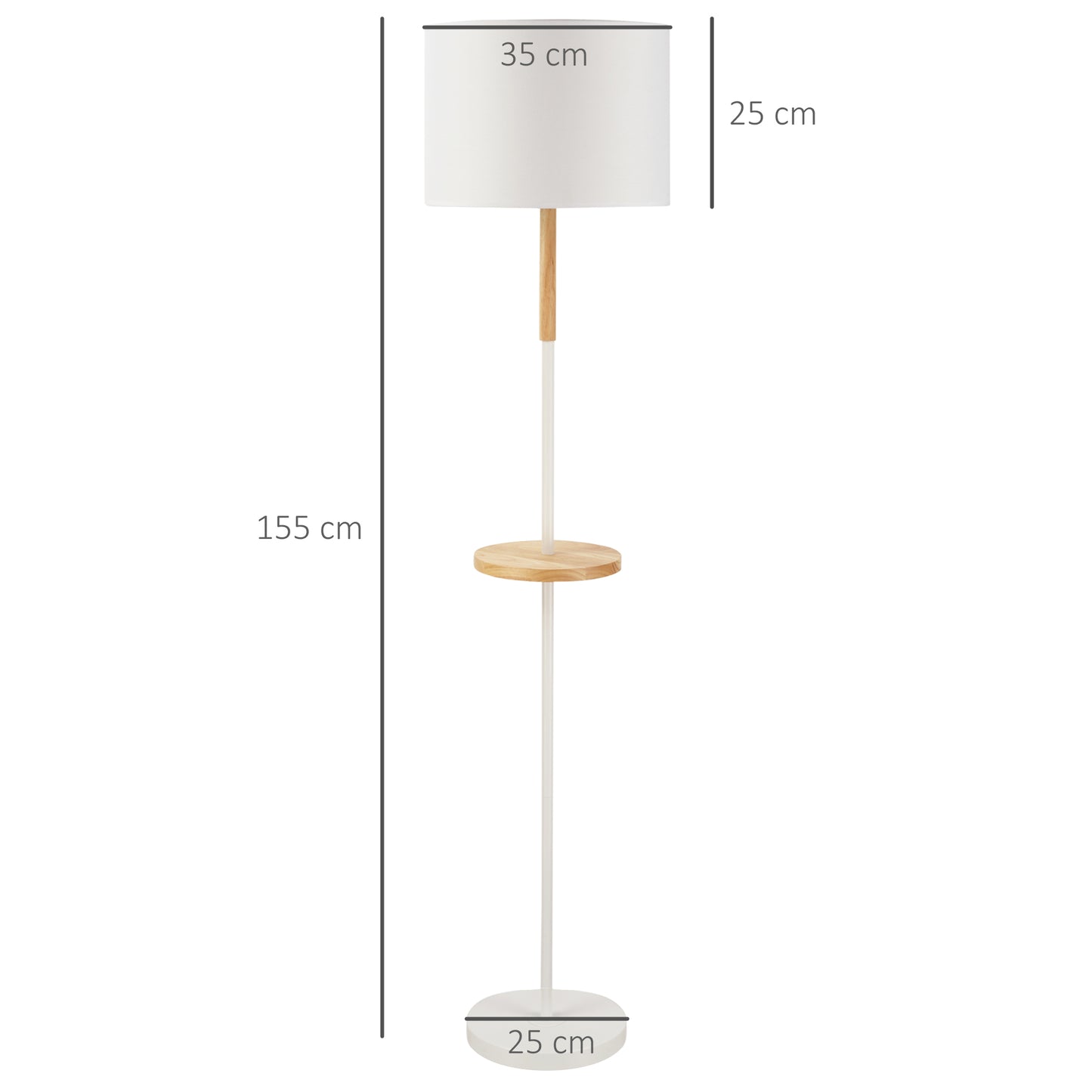 HOMCOM Lámpara de Pie con Estante de Madera Pantalla de Tela Casquillo E27 Máx. de 40W y Interruptor de Pie Moderno para Salón Dormitorio Estudio Ø35x155 cm Blanco