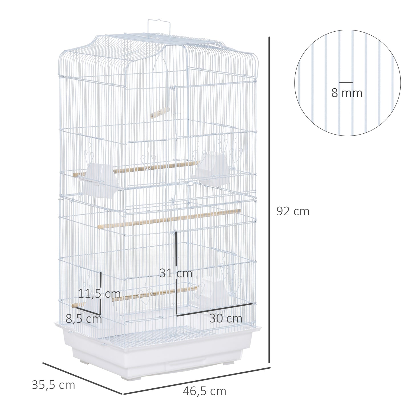 PawHut Jaula para Pájaros Pajarera de Metal con Puertas 4 Comederos 3 Perchas Columpio Bandeja Extraíble y Asa de Transporte para Loro Canario Periquito 46,5x35,5x92 cm Blanco