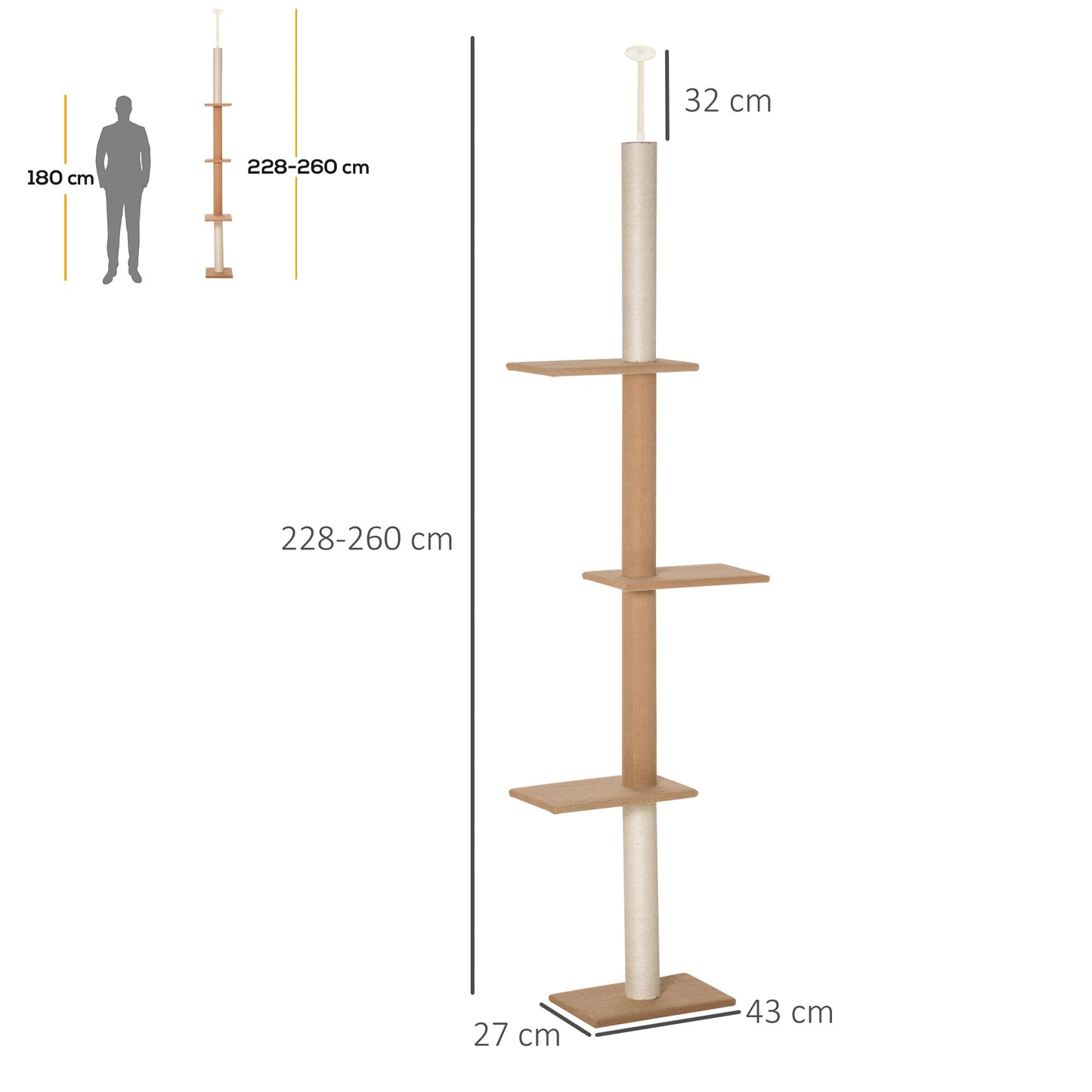 PawHut Árbol para Gatos del Suelo al Techo 43x27x228-260 cm Torre para Gatos con Altura Ajustable 4 Plataformas Espaciosas y Poste de Sisal Marrón