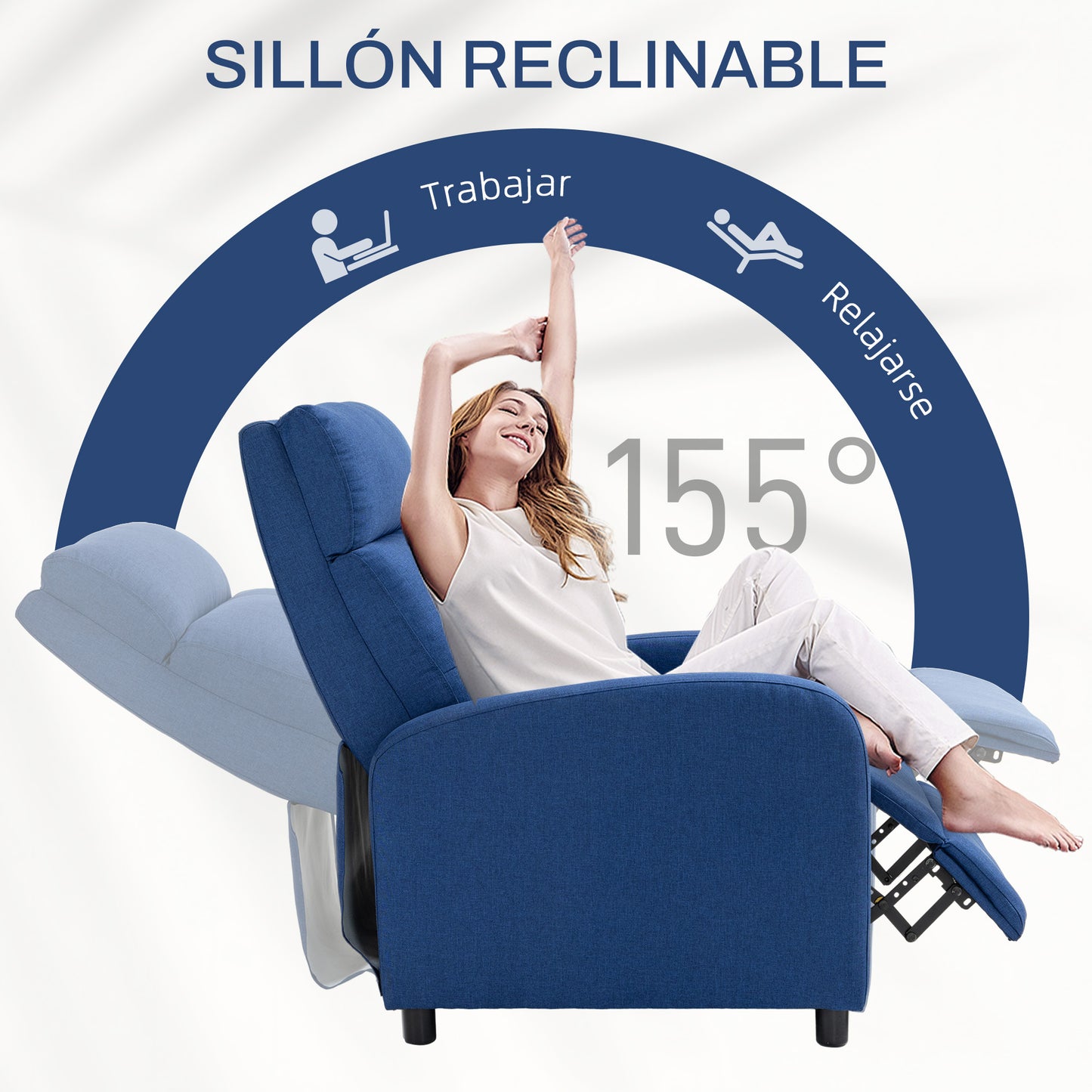 HOMCOM Sillón Relax Reclinable Manual Sillón Reclinable para Salón Tapizado en Tela con Reposapiés Respaldo Alto Carga 150 kg para Dormitorio Oficina Azul