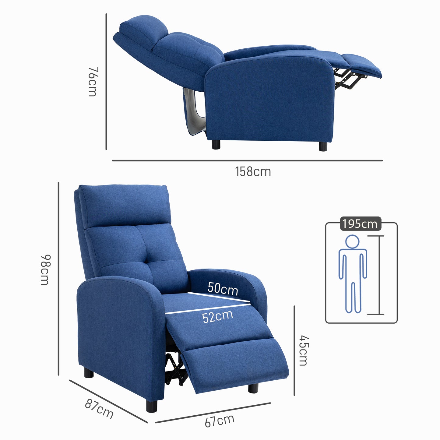 HOMCOM Sillón Relax Reclinable Manual Sillón Reclinable para Salón Tapizado en Tela con Reposapiés Respaldo Alto Carga 150 kg para Dormitorio Oficina Azul