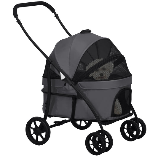 PawHut Carrito para Perros 2 en 1 Cochecito para Perros Pequeños Plegable Cochecito para Mascotas con 2 Correas de Seguridad 2 Bolsillos Laterales Cojín Lavable y Ruedas Universales Gris Oscuro