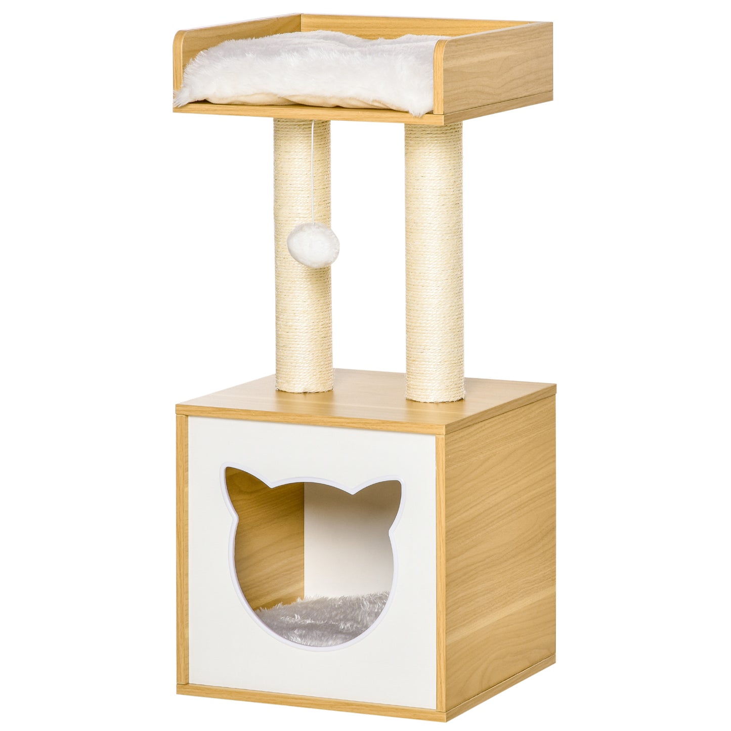 PawHut Árbol para Gatos de 2 Niveles con Cueva Cama Superior Postes Rascadores de Sisal Natural Cojines Lavables y Bola de Juguete 35x35x81 cm Roble y Blanco