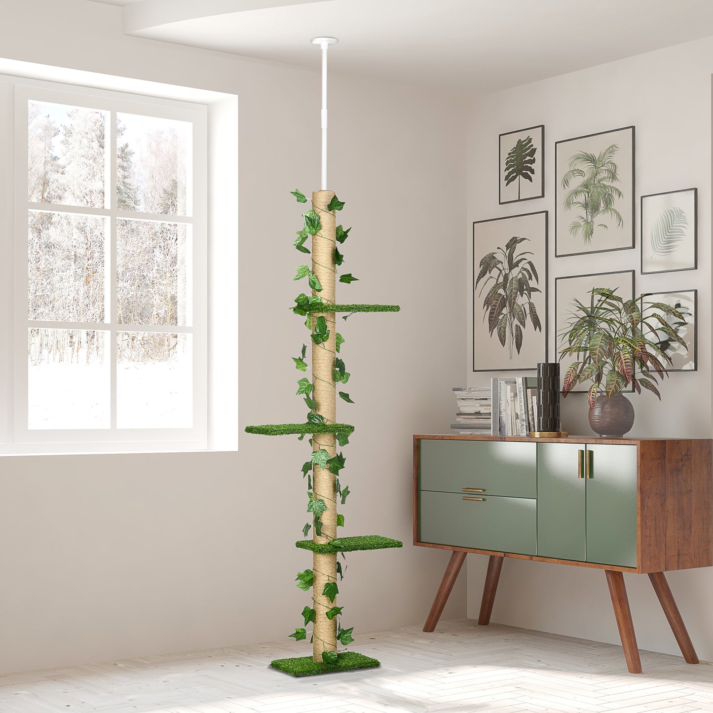 Pawhut Árbol para Gatos de Suelo a Techo de 202-242 cm Torre para Gatos con 3 Plataformas Postes Rascadores Altura Ajustable y Decoración de Hoja de Arce Verde