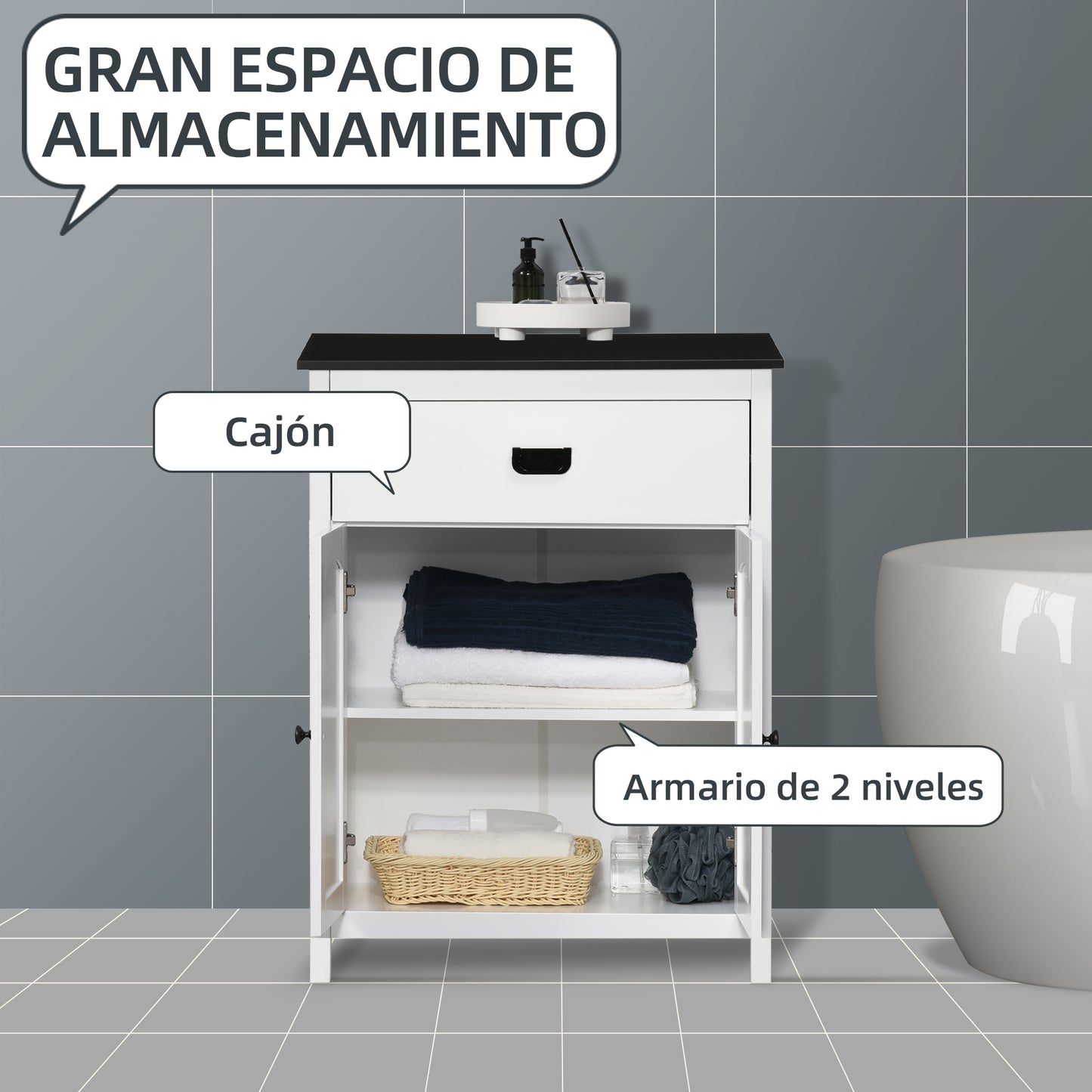 kleankin Conjunto de Baño Incluye 1 Armario Auxiliar de Baño y 1 Columna de Baño con Estantes Ajustables y Cajón Estilo Moderno Antivuelco para Dormitorio Blanco