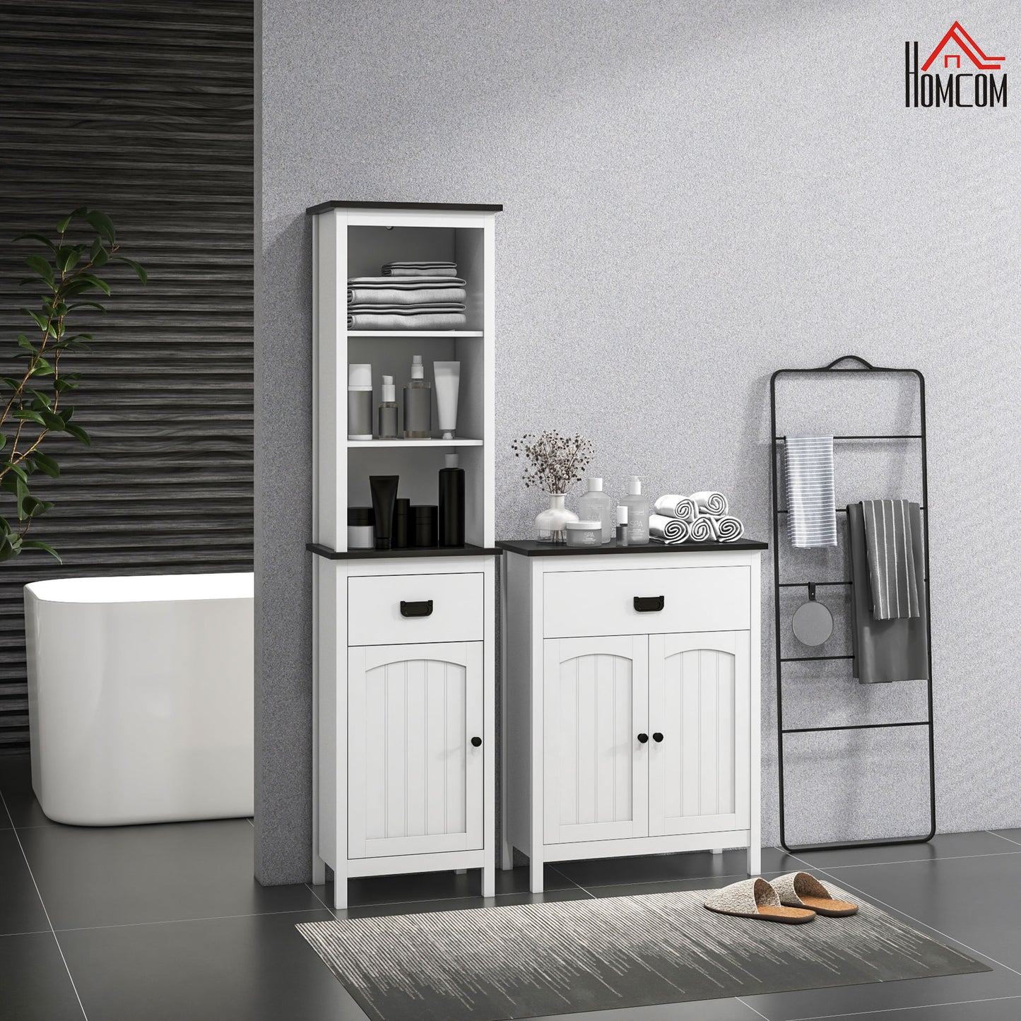 kleankin Conjunto de Baño Incluye 1 Armario Auxiliar de Baño y 1 Columna de Baño con Estantes Ajustables y Cajón Estilo Moderno Antivuelco para Dormitorio Blanco