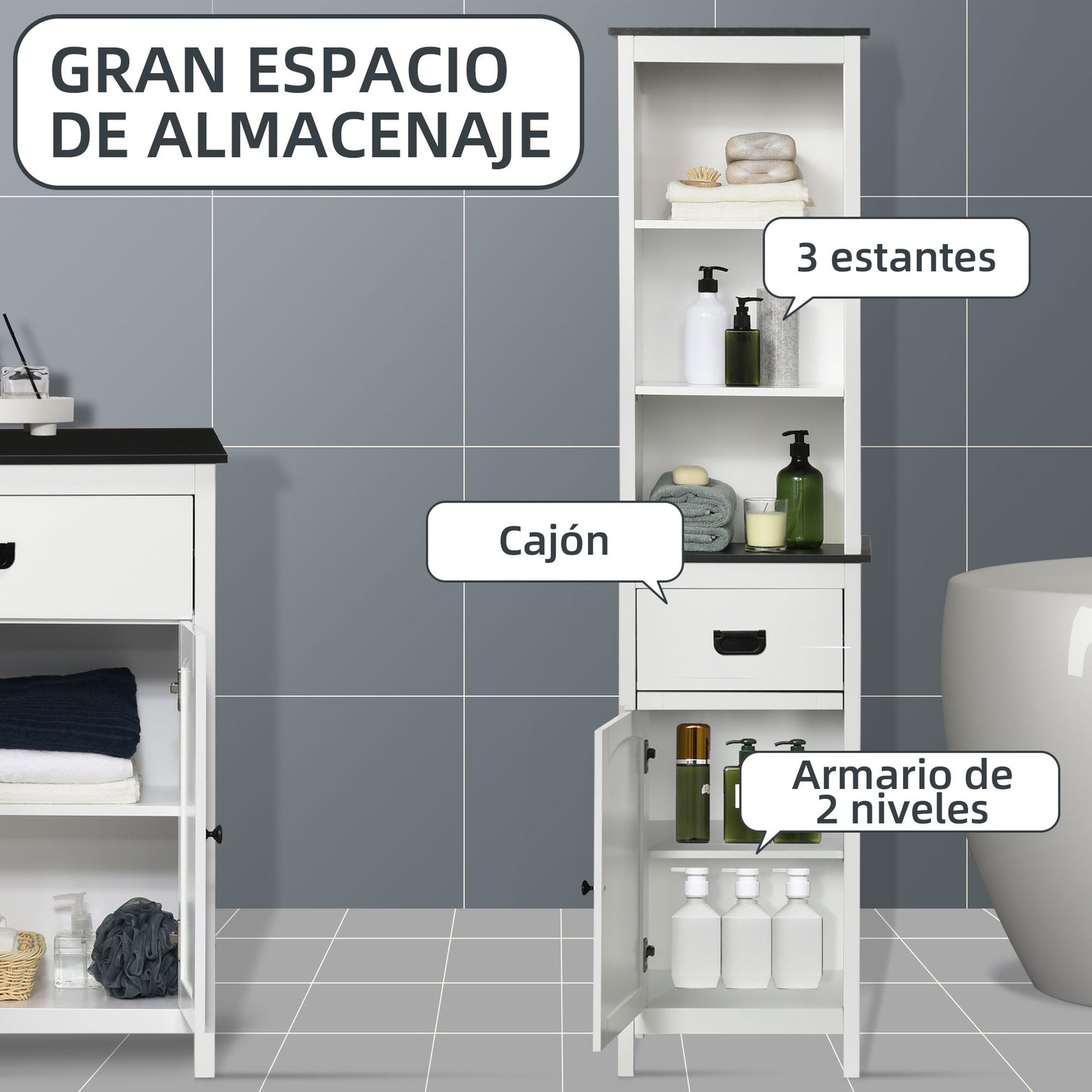 kleankin Conjunto de Baño Incluye 1 Armario Auxiliar de Baño y 1 Columna de Baño con Estantes Ajustables y Cajón Estilo Moderno Antivuelco para Dormitorio Blanco