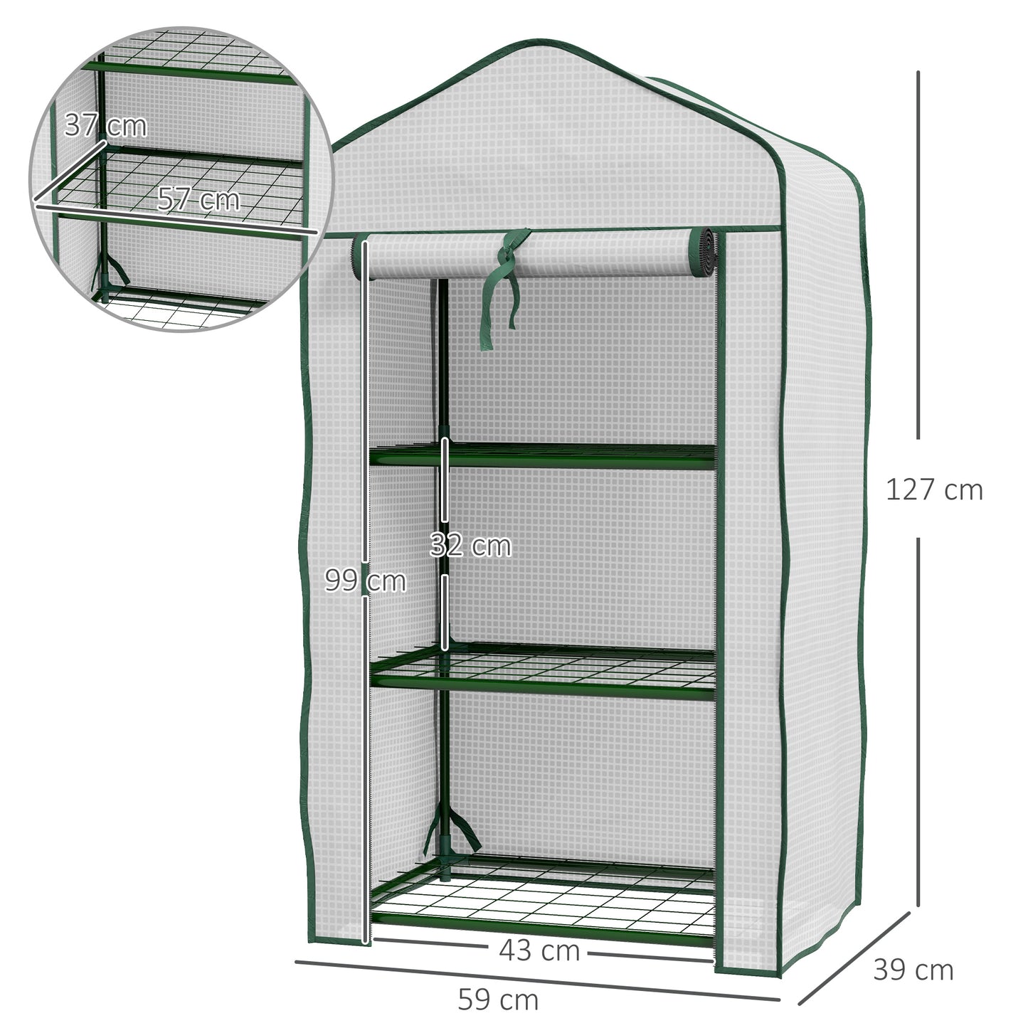 Outsunny Invernadero de Jardín de 3 Niveles Invernadero de Terraza con 3 Estantes 1 Puerta Enrollable con Cremallera Invernadero para Cultivo de Plantas Flores Verduras 59x39x127 cm Blanco