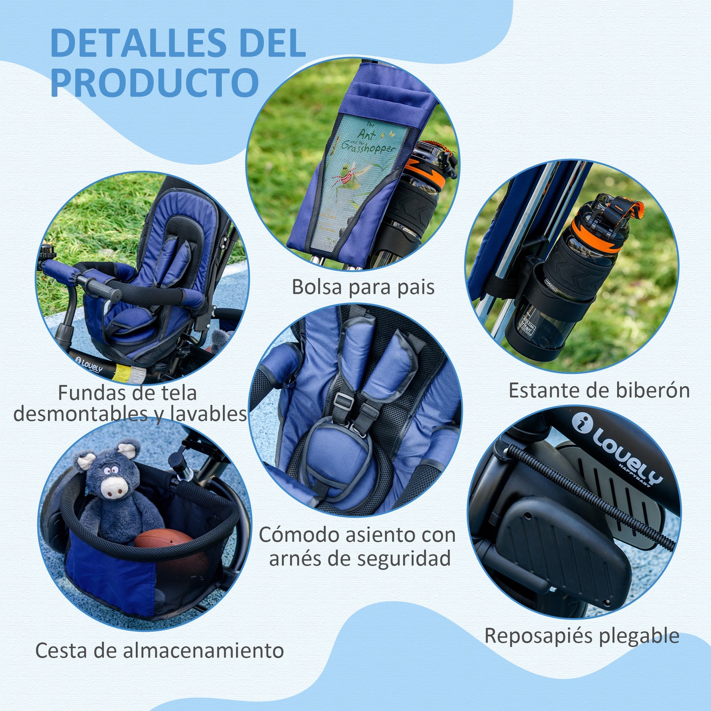 HOMCOM Triciclo para Bebés Triciclo Evolutivo para Niños con Toldo Plegable Mango de Empuje Telescópico y Desmontable Bolso para Mamá y Portabotellas 102x49x102 cm Azul Oscuro