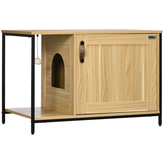 PawHut Arenero para Gatos Mueble Arenero para Gatos con Puerta Bola de Juguete Colgante Caja de Arena para Gatos para Interior 80x48x55 cm Roble