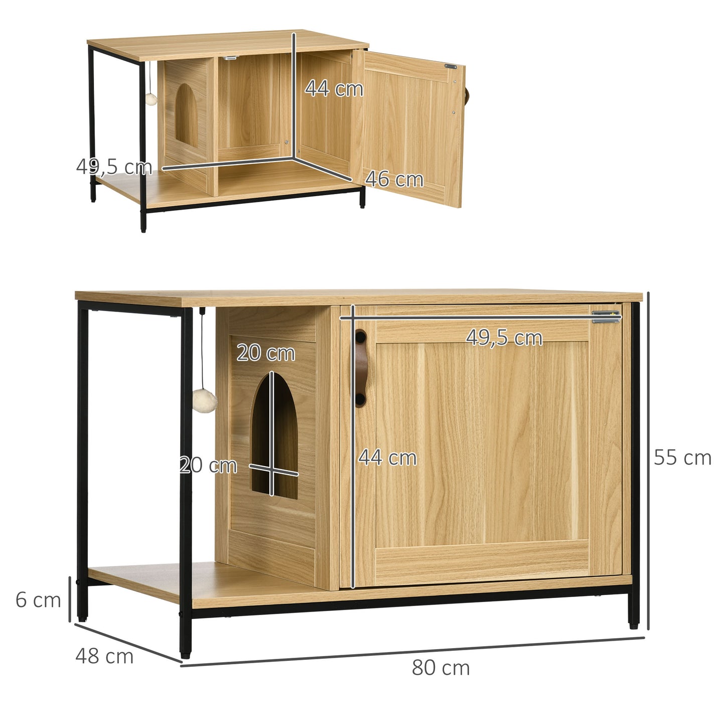 PawHut Arenero para Gatos Mueble Arenero para Gatos con Puerta Bola de Juguete Colgante Caja de Arena para Gatos para Interior 80x48x55 cm Roble