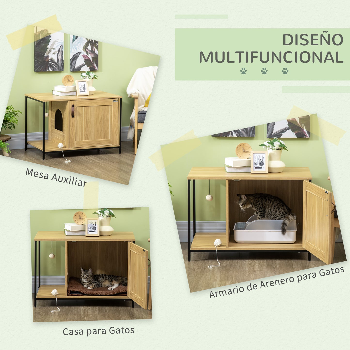 PawHut Arenero para Gatos Mueble Arenero para Gatos con Puerta Bola de Juguete Colgante Caja de Arena para Gatos para Interior 80x48x55 cm Roble