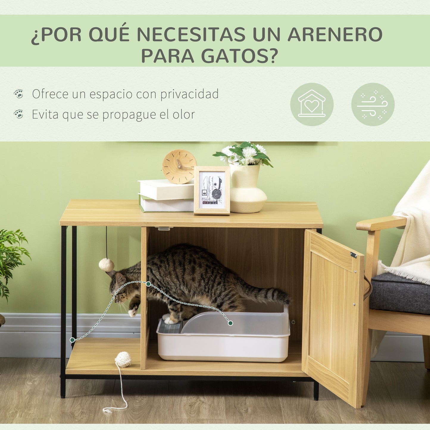 PawHut Arenero para Gatos Mueble Arenero para Gatos con Puerta Bola de Juguete Colgante Caja de Arena para Gatos para Interior 80x48x55 cm Roble