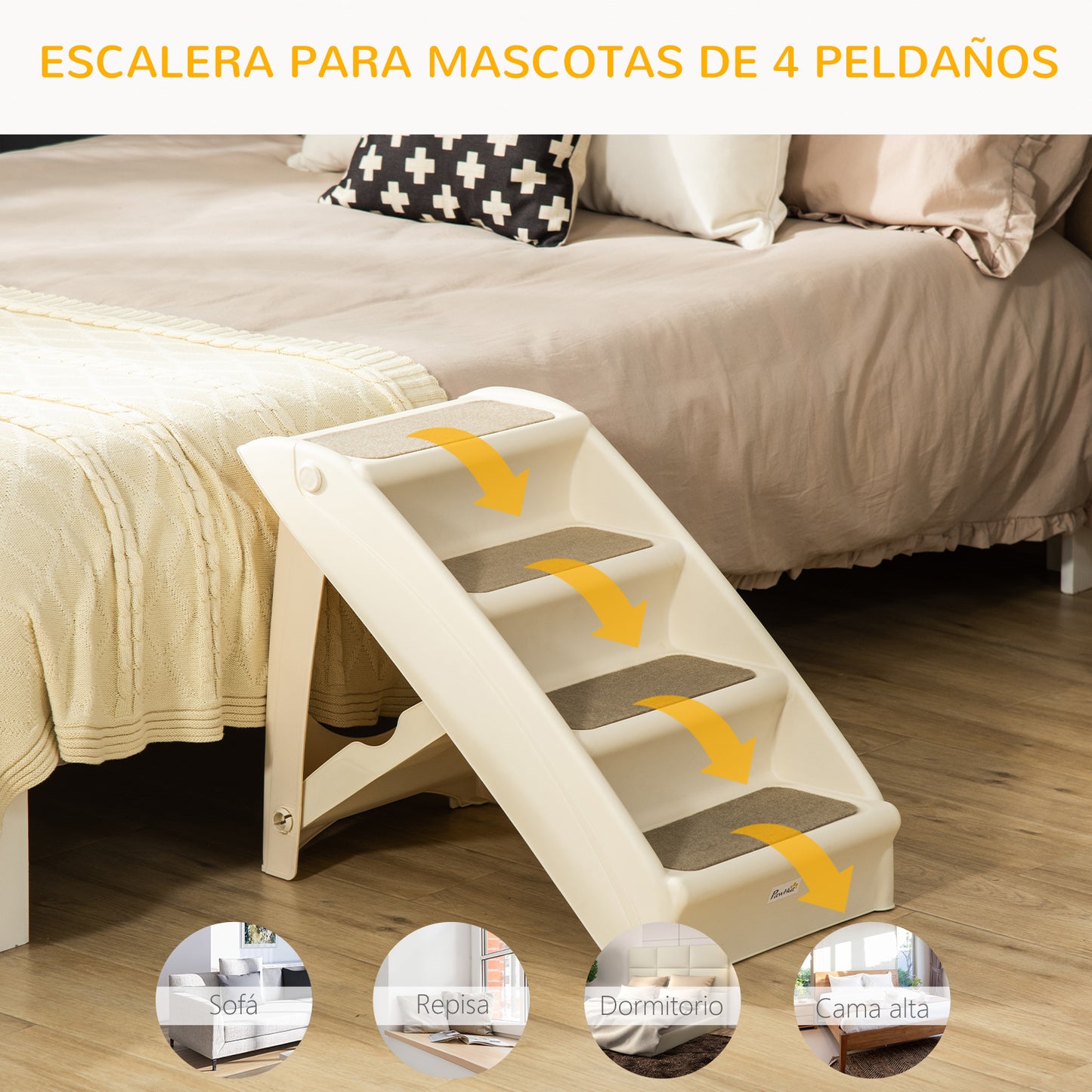 PawHut Escalera Plegable para Mascotas de 4 Peldaños Escalón para Perros Gatos Portátil con Alfombras Antideslizantes para Cama Sofá Carga 20 kg 62x38x49,5 cm Beige