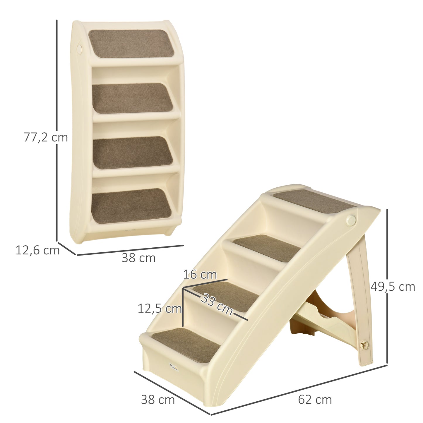 PawHut Escalera Plegable para Mascotas de 4 Peldaños Escalón para Perros Gatos Portátil con Alfombras Antideslizantes para Cama Sofá Carga 20 kg 62x38x49,5 cm Beige