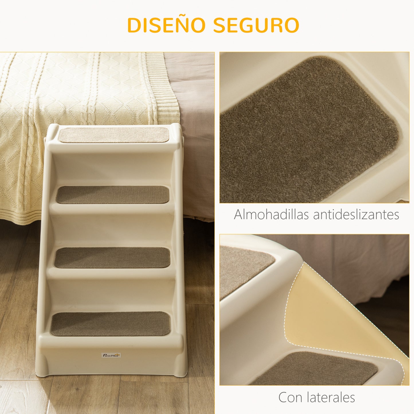 PawHut Escalera Plegable para Mascotas de 4 Peldaños Escalón para Perros Gatos Portátil con Alfombras Antideslizantes para Cama Sofá Carga 20 kg 62x38x49,5 cm Beige