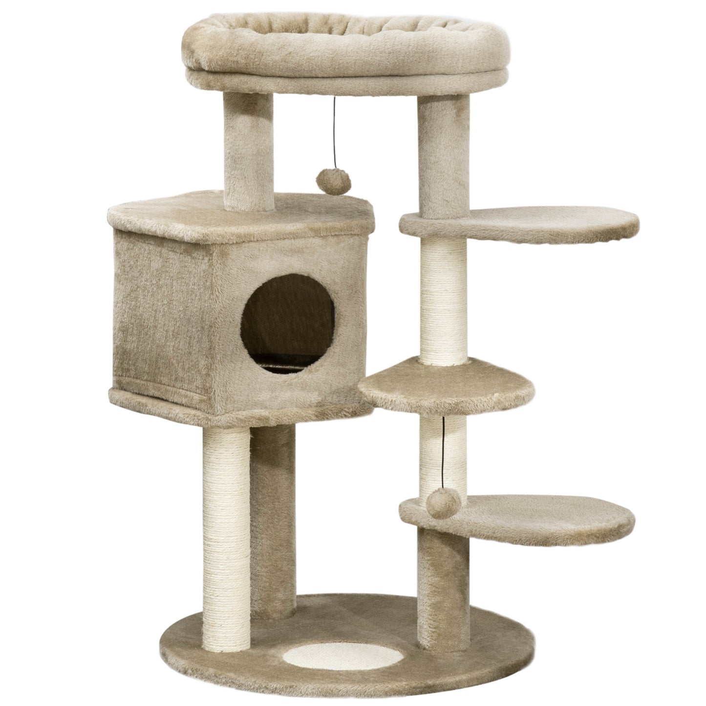 PawHut Árbol Rascador para Gatos Pequeños Altura 94 cm Torre para Gatos con Cama Superior Cueva 3 Escaleras Bolas Colgantes y Postes de Sisal 55x55x94 cm Marrón