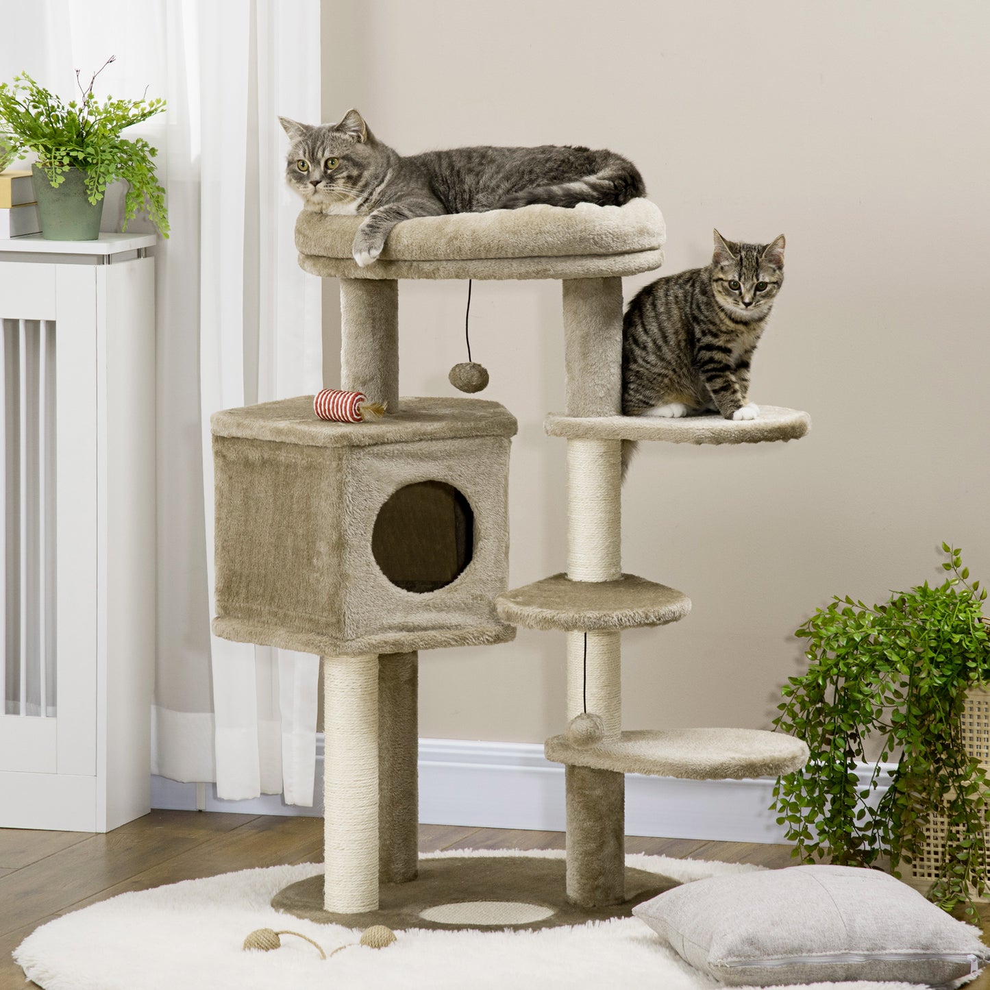 PawHut Árbol Rascador para Gatos Pequeños Altura 94 cm Torre para Gatos con Cama Superior Cueva 3 Escaleras Bolas Colgantes y Postes de Sisal 55x55x94 cm Marrón