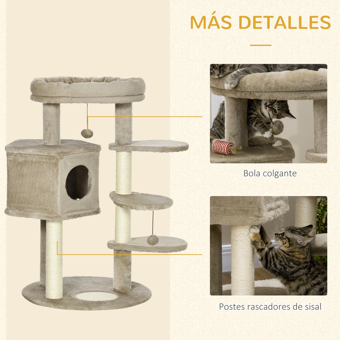 PawHut Árbol Rascador para Gatos Pequeños Altura 94 cm Torre para Gatos con Cama Superior Cueva 3 Escaleras Bolas Colgantes y Postes de Sisal 55x55x94 cm Marrón