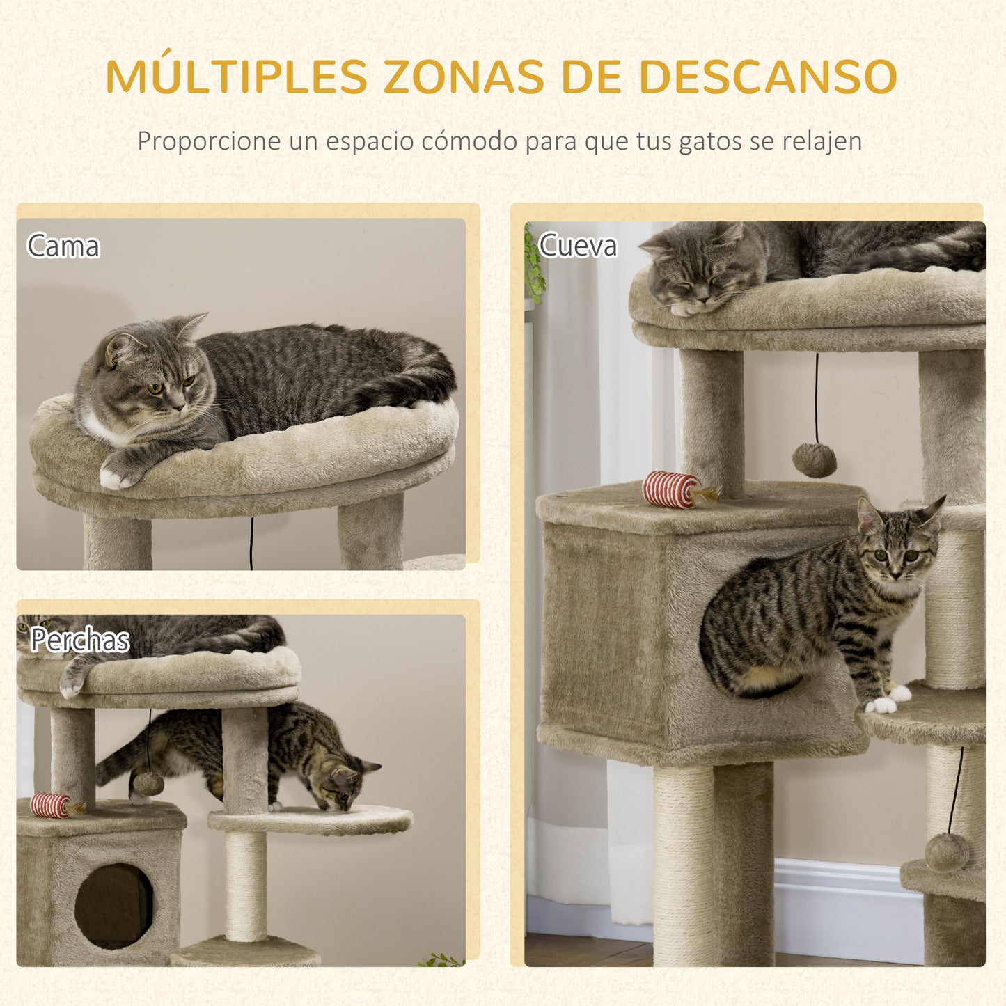 PawHut Árbol Rascador para Gatos Pequeños Altura 94 cm Torre para Gatos con Cama Superior Cueva 3 Escaleras Bolas Colgantes y Postes de Sisal 55x55x94 cm Marrón