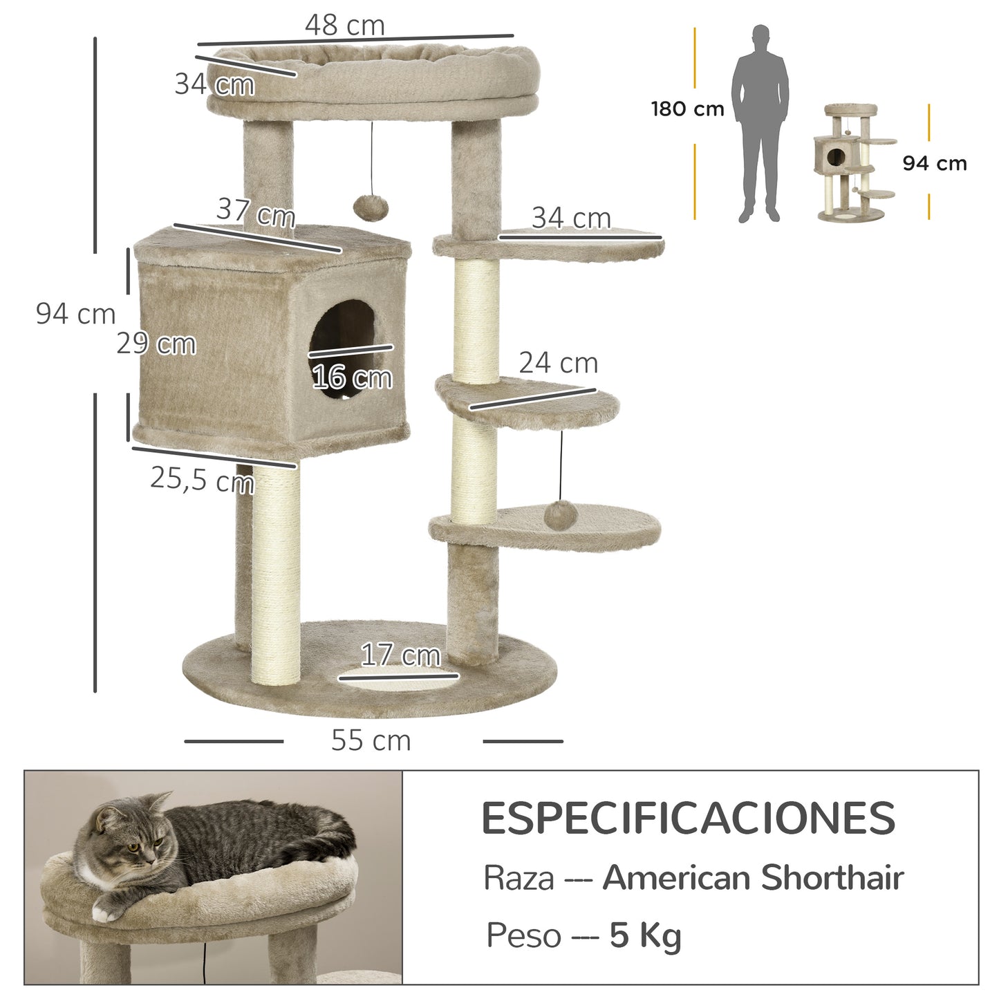 PawHut Árbol Rascador para Gatos Pequeños Altura 94 cm Torre para Gatos con Cama Superior Cueva 3 Escaleras Bolas Colgantes y Postes de Sisal 55x55x94 cm Marrón