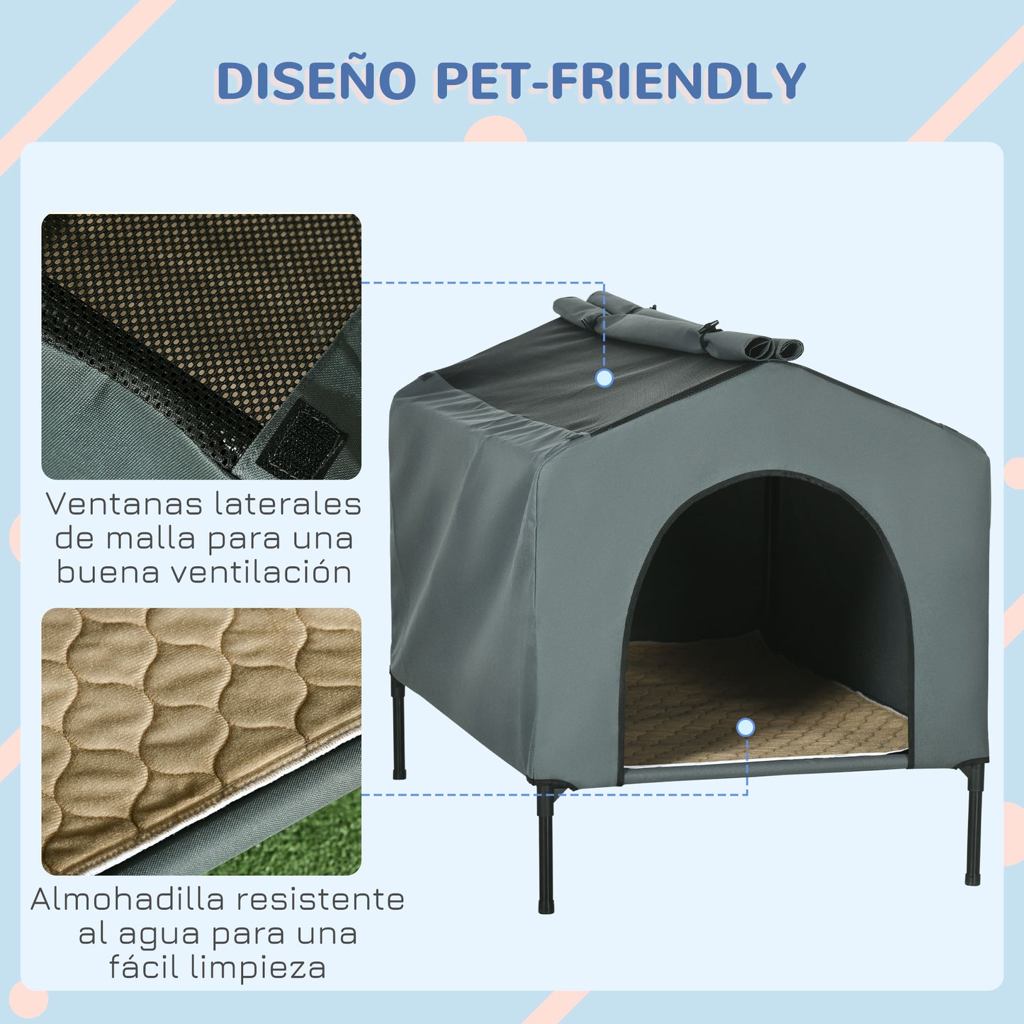 PawHut Caseta para Perros con Cubierta Exterior 110x75x87 cm Cama Elevada para Mascotas con Cojín y Ventanas de Malla Enrollable para Perros Grandes Gris