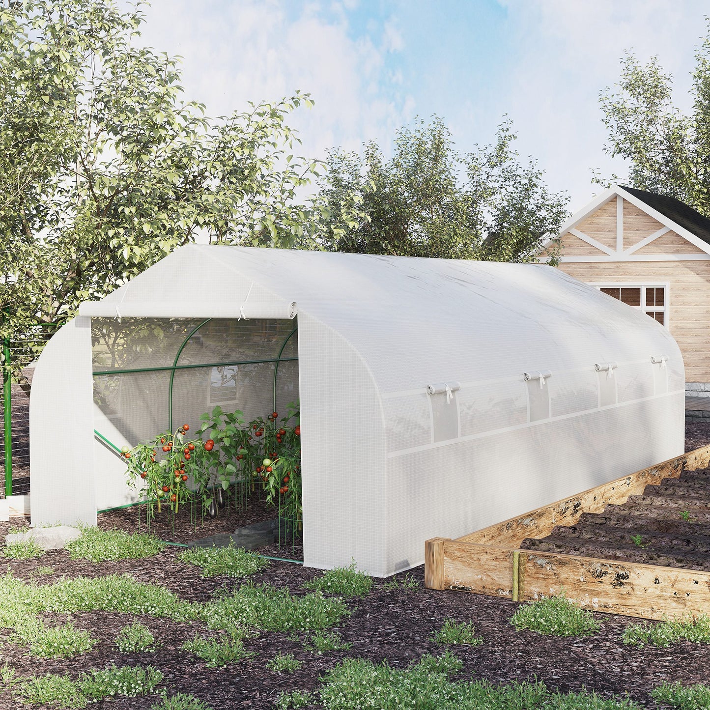 Outsunny Invernadero de Jardín 6x3x2 m Tipo Túnel para Cultivo Plantas Verduras con 8 Ventanas Transpirables y Puerta Enrollable con Cremallera Acero Blanco