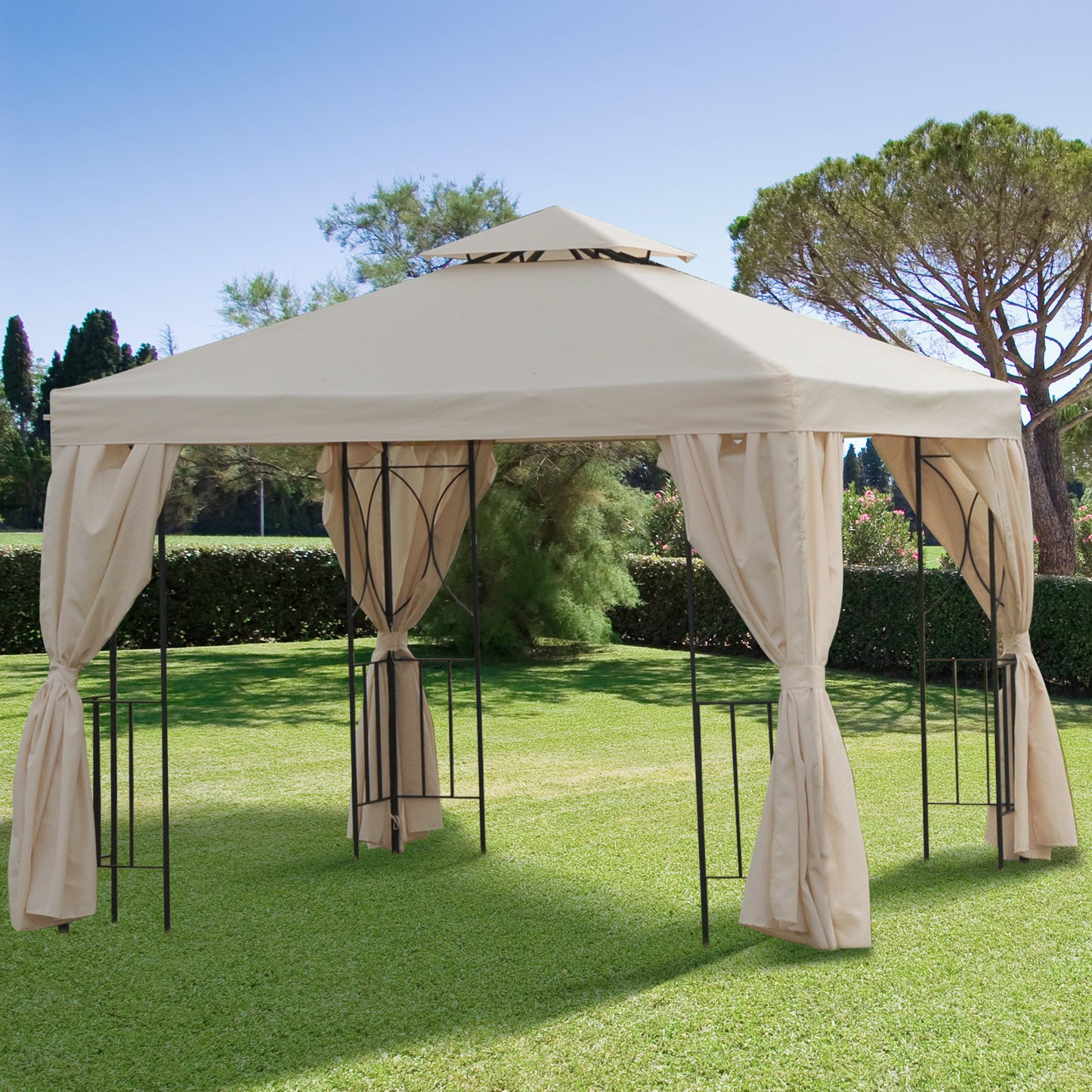 Outsunny Cenador de Jardín 3x3 m Pabellón para Exterior con Doble Techo de Ventilación y 4 Cortinas Laterales Extraíbles de Cremallera Gazebo para Terraza Patio Exterior Crema