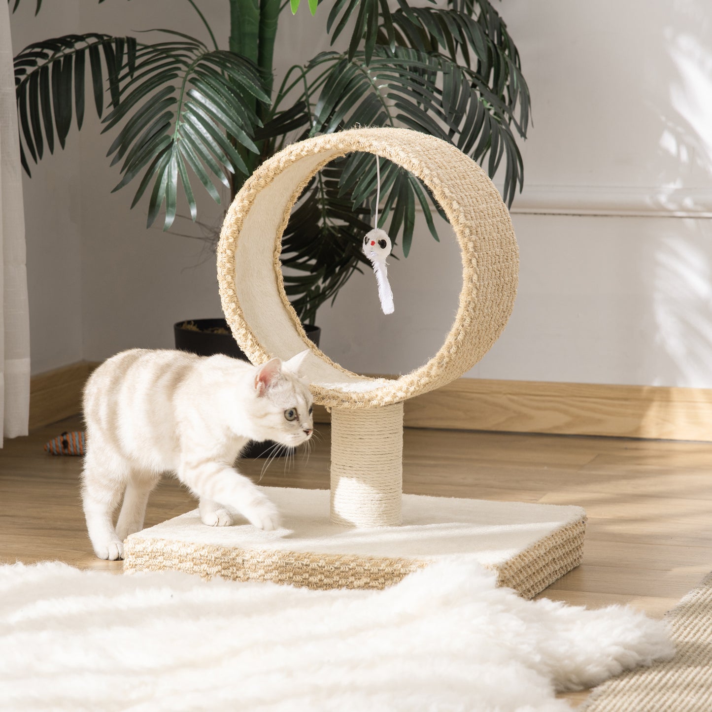 PawHut Árbol para Gatos Pequeño 61x41x50 cm Torre de Rascado de Gato con Túnel Superior Poste Rascador de Yute Natural y Juguete de Rata Colgante Beige