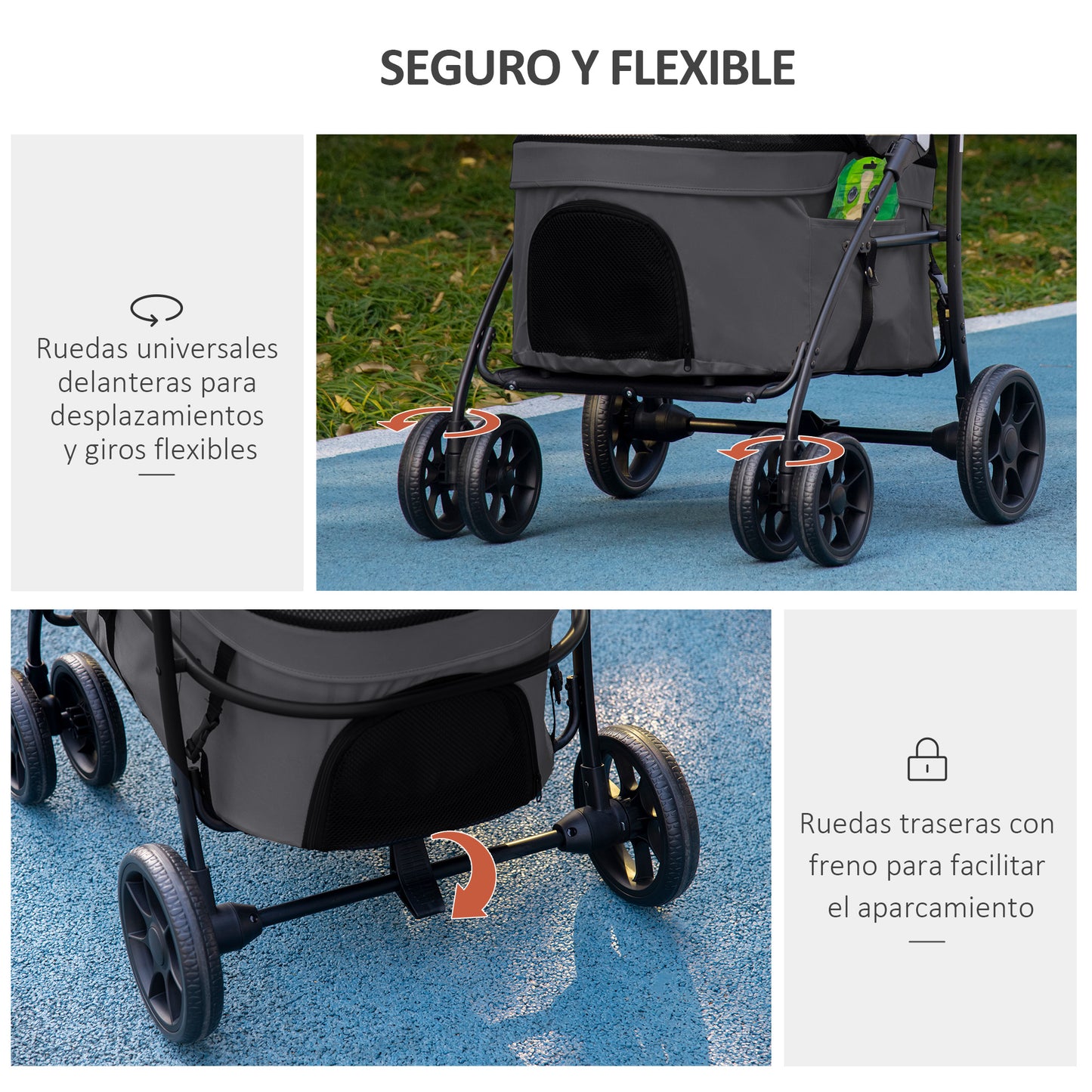 PawHut Carrito para Perros 2 en 1 Cochecito para Perros Pequeños Plegable Cochecito para Mascotas con 2 Correas de Seguridad 2 Bolsillos Laterales Cojín Lavable y Ruedas Universales Gris Oscuro