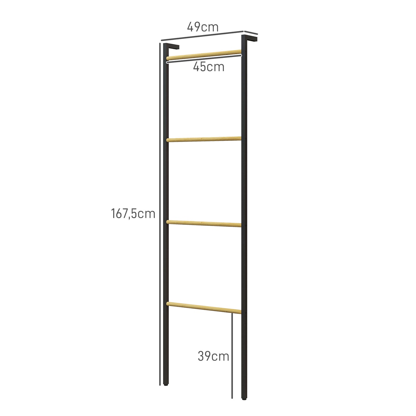 HOMCOM Toallero de 4 Niveles Toallero Escalera Apoyado en la Pared Toallero de Baño con 4 Barras de Bambú y Marco de Acero 49x5,5x167,5 cm Negro y Natural