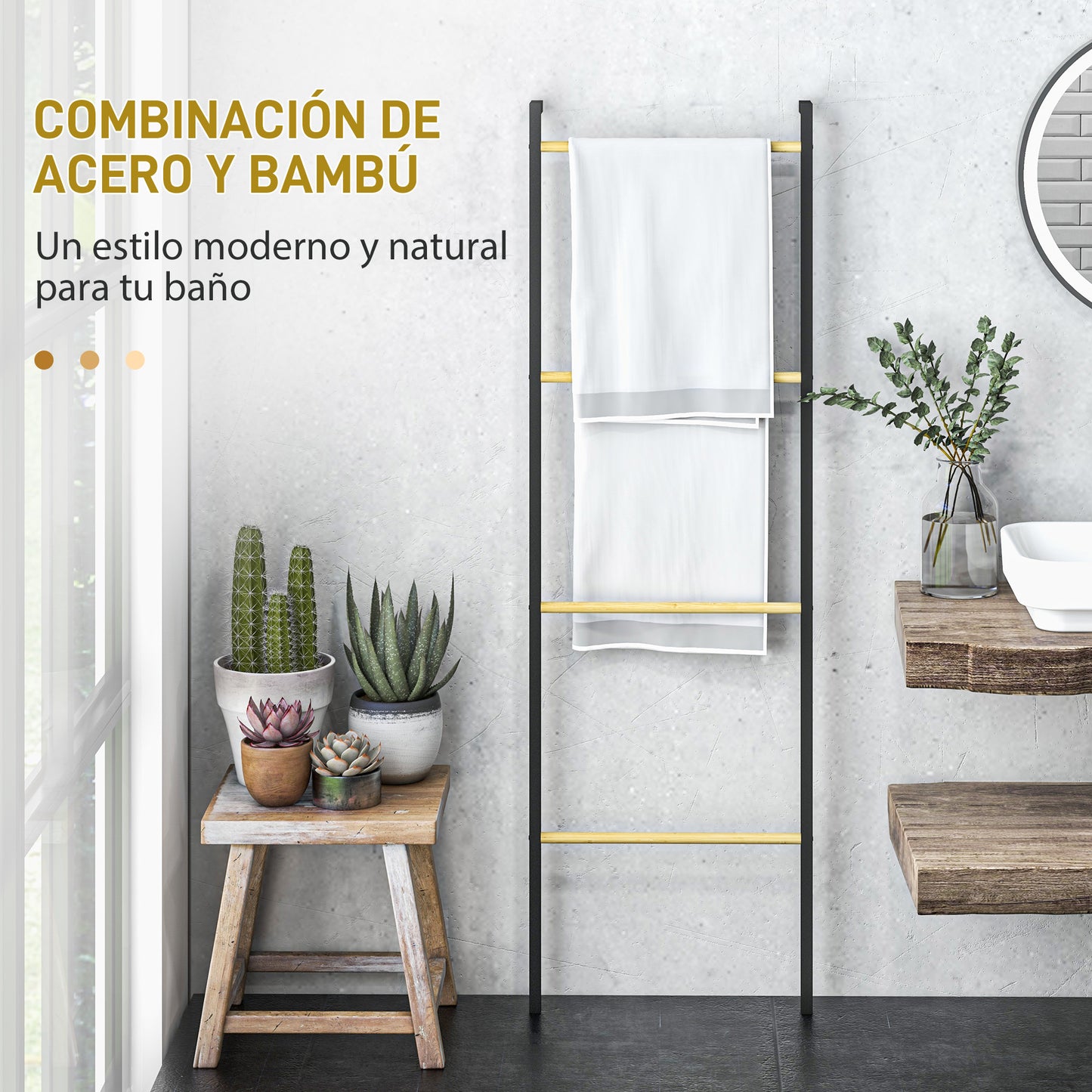 HOMCOM Toallero de 4 Niveles Toallero Escalera Apoyado en la Pared Toallero de Baño con 4 Barras de Bambú y Marco de Acero 49x5,5x167,5 cm Negro y Natural