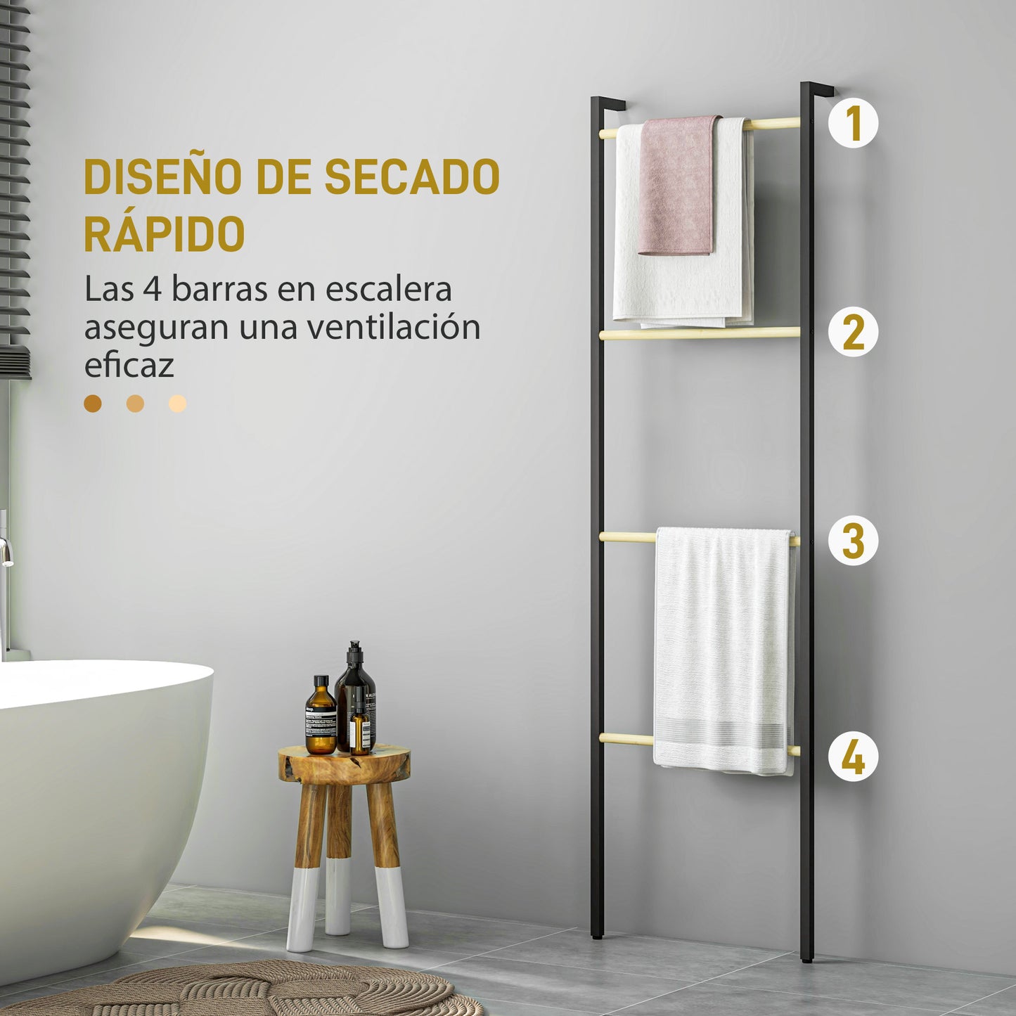 HOMCOM Toallero de 4 Niveles Toallero Escalera Apoyado en la Pared Toallero de Baño con 4 Barras de Bambú y Marco de Acero 49x5,5x167,5 cm Negro y Natural