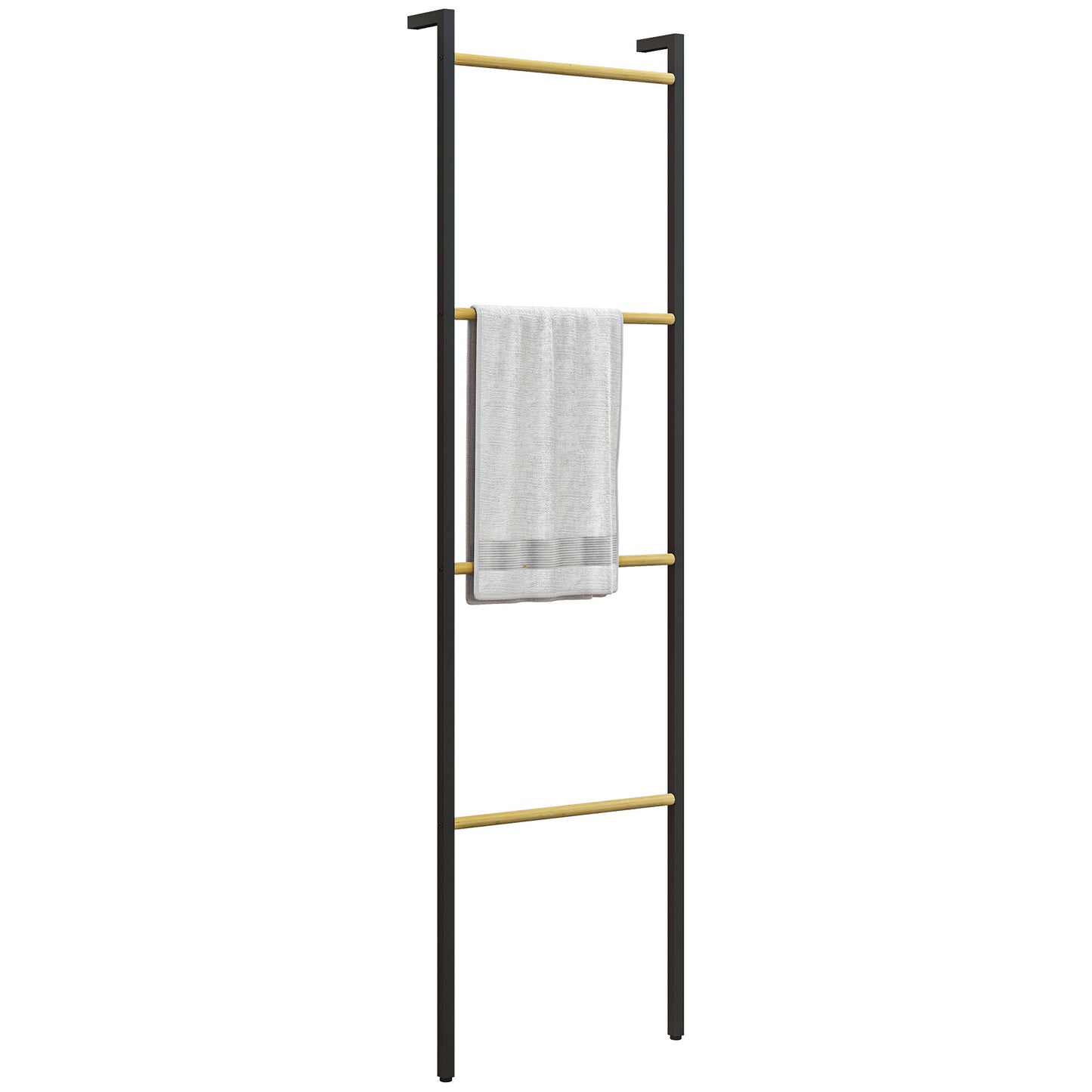 HOMCOM Toallero de 4 Niveles Toallero Escalera Apoyado en la Pared Toallero de Baño con 4 Barras de Bambú y Marco de Acero 49x5,5x167,5 cm Negro y Natural