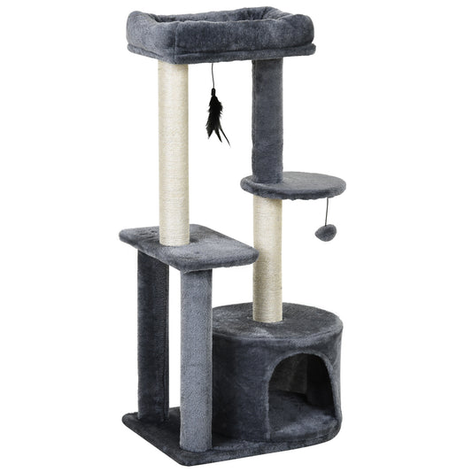 PawHut Árbol para Gatos 100 cm Torre de Gato con Postes para Rascar Cama Cueva Plataformas Bola y Pluma 48x35x100 cm Gris y Beige