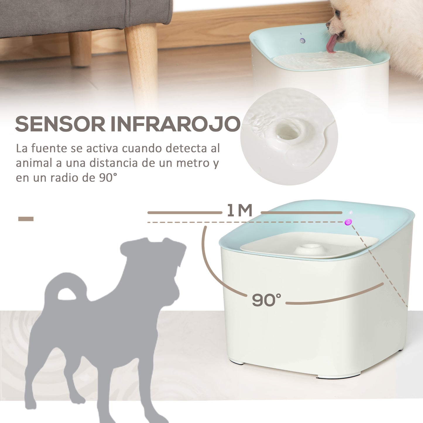 PawHut Fuente de Agua para Gatos 3L con Sensor de Infrarrojos 3 Modos Dispensador de Agua para Perros y Gatos Bebedero para Gatos con Luz Indicadora LED 21x20x18 cm Blanco y Azul