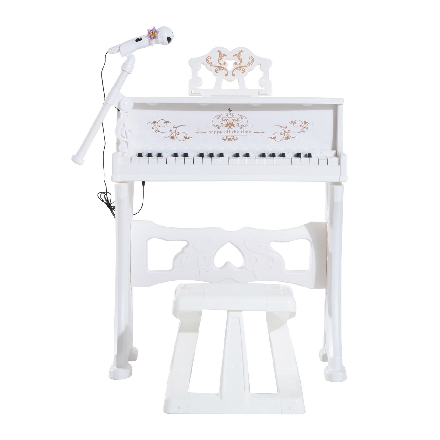 HOMCOM Piano Electrónico Infantil de 37 Teclas Juego de Piano con Modelo Pedagógico Micrófono Taburete Luces y 22 Canciones USB/MP3/Bluetooth Karaoke 53,5x27x63 cm Blanco