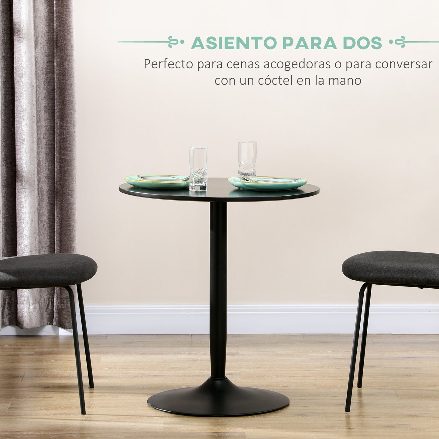 HOMCOM Mesa de Comedor Mesa Redonda Mesa de Cocina Moderna para 2 Personas con Base de Acero y Almohadillas Antideslizantes para Salón Ø70x75 cm Negro