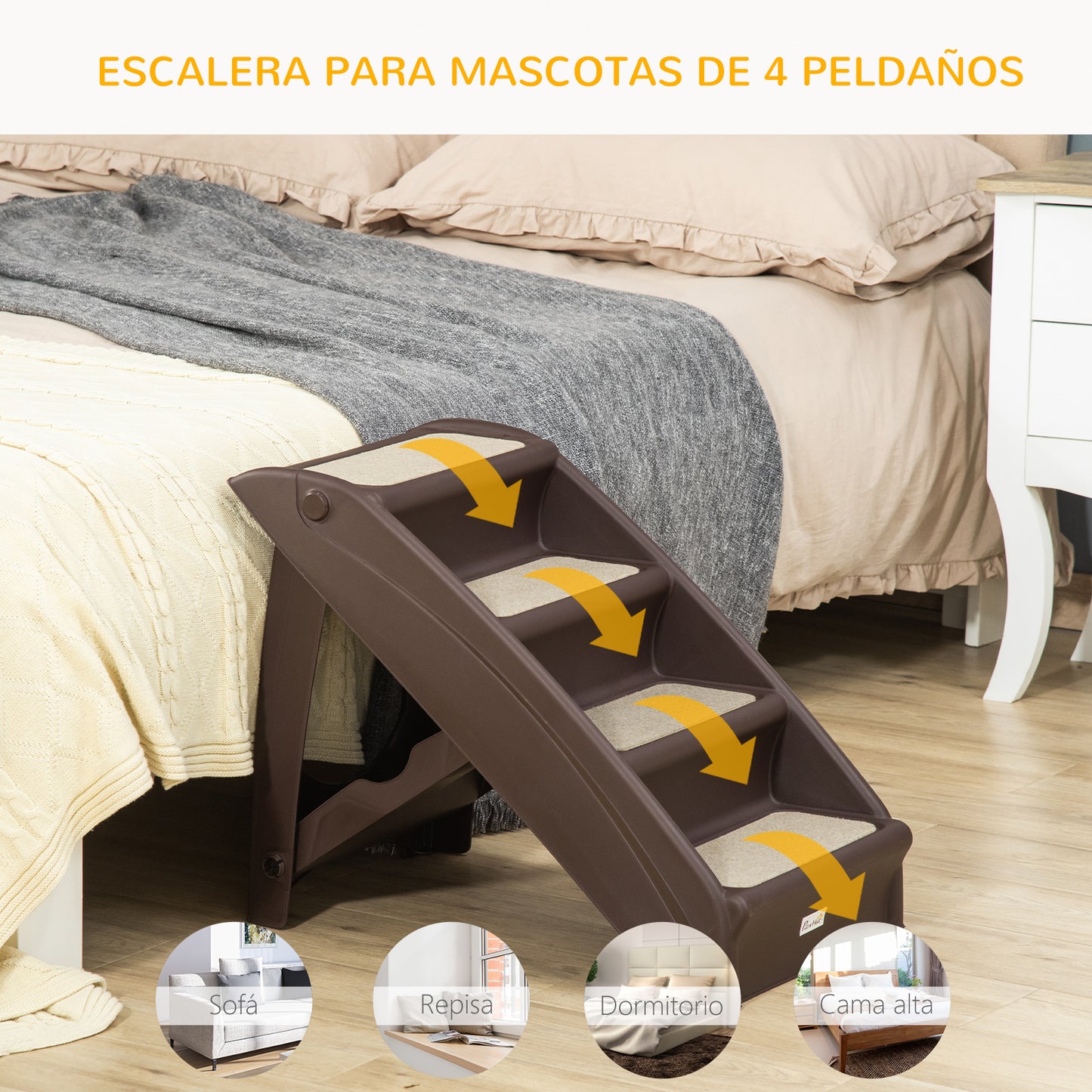 PawHut Escalera Plegable para Mascotas de 4 Peldaños Escalón para Perros Gatos Portátil con Alfombras Antideslizantes para Cama Sofá Carga 20 kg 62x38x49,5 cm Marrón Oscuro