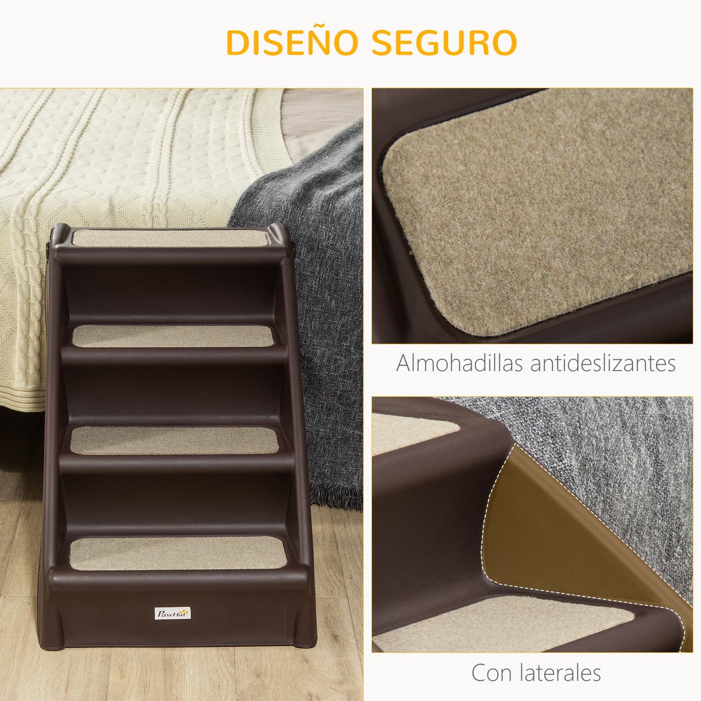 PawHut Escalera Plegable para Mascotas de 4 Peldaños Escalón para Perros Gatos Portátil con Alfombras Antideslizantes para Cama Sofá Carga 20 kg 62x38x49,5 cm Marrón Oscuro