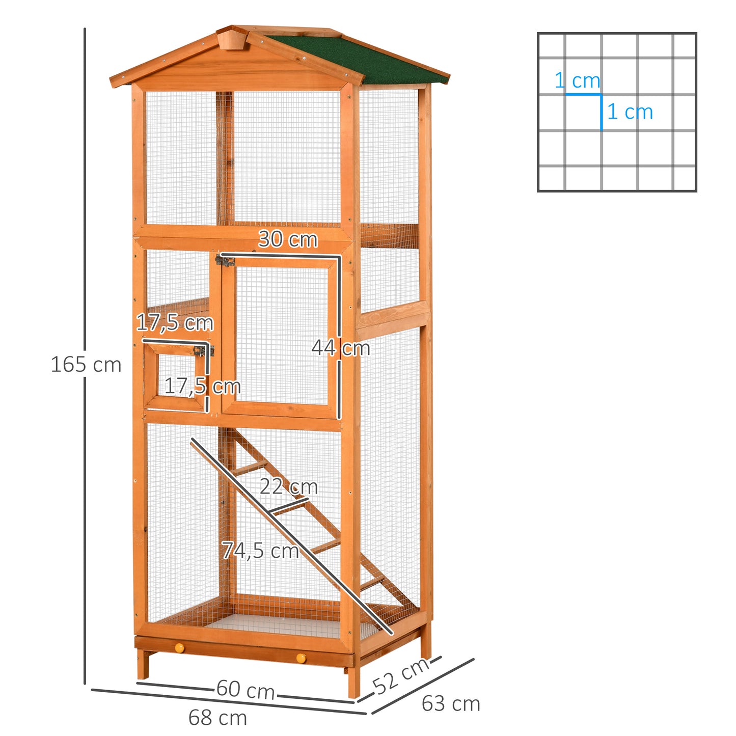 PawHut Jaula para Pájaros Grande 68x63x165 cm Pajarera de Madera de Abeto con 2 Puertas Bandeja Extraíble y Techo Asfáltico Madera