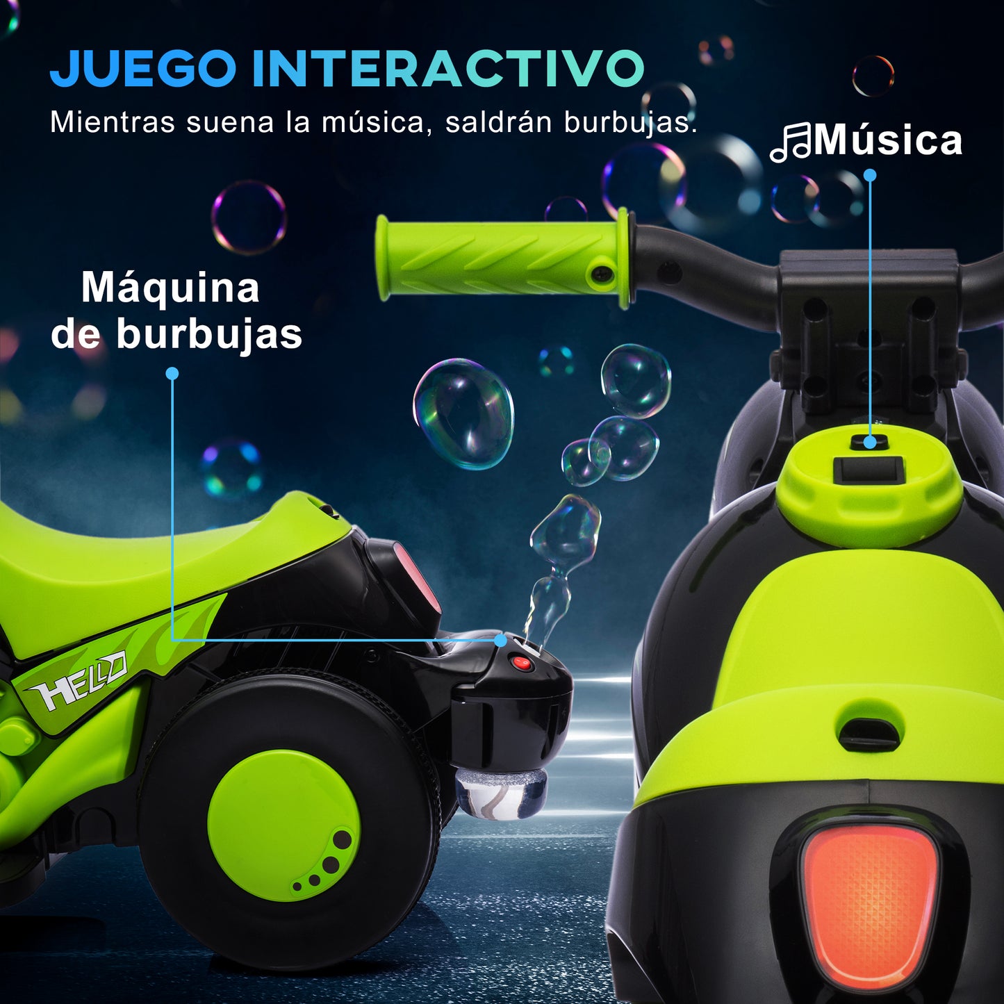 AIYAPLAY Moto Eléctrica para Niños de +2 Años Moto de Batería para Niños 6V con Función de Soplar Burbujas Faros Música Moto para Niños con Velocidad 3 km/h Carga 30 kg Verde