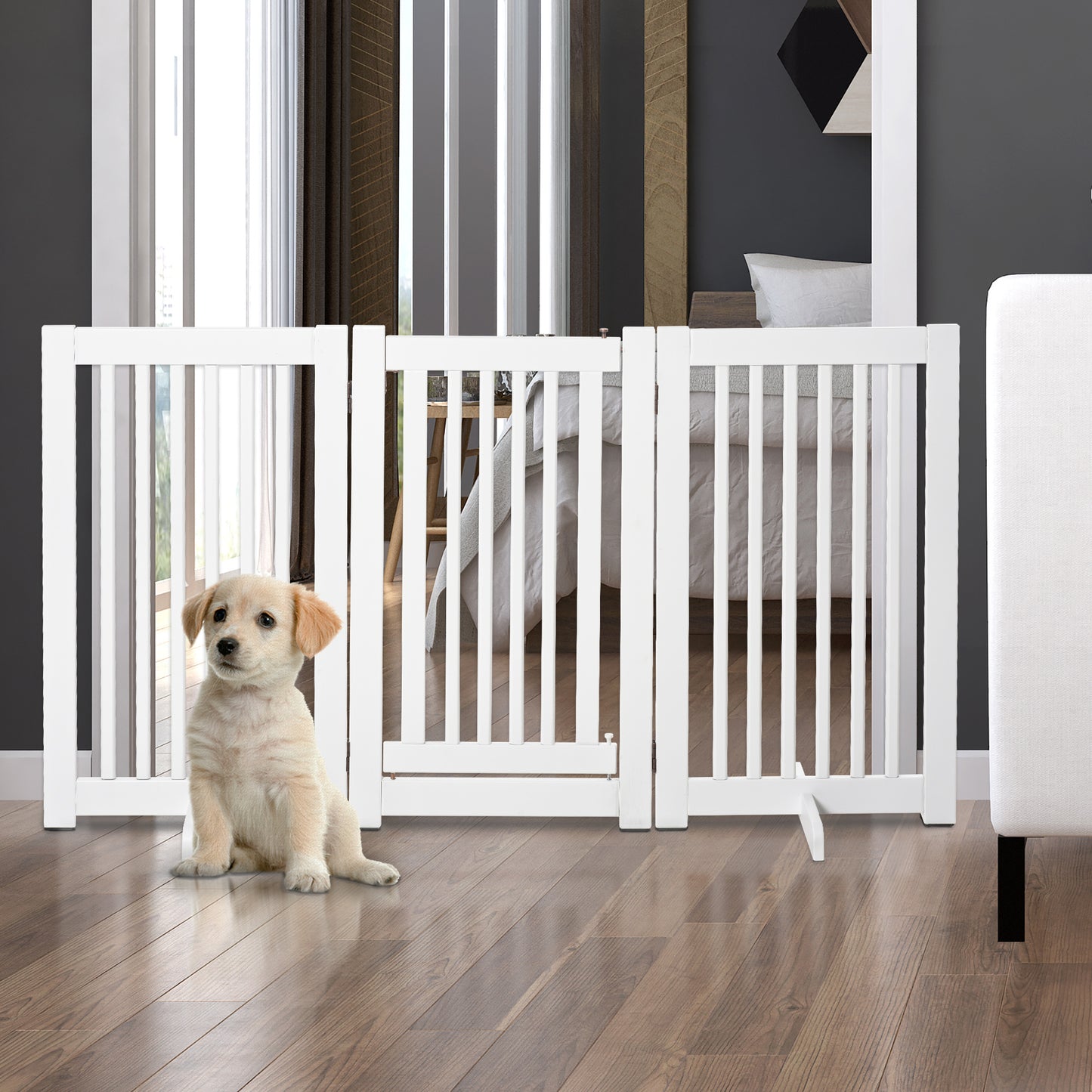 PawHut Barrera para Perros de Madera Valla para Mascotas Plegable de 3 Paneles con 1 Puerta y Patas de Apoyo para Pasillo Escalera 155x35,5x76 cm Blanco