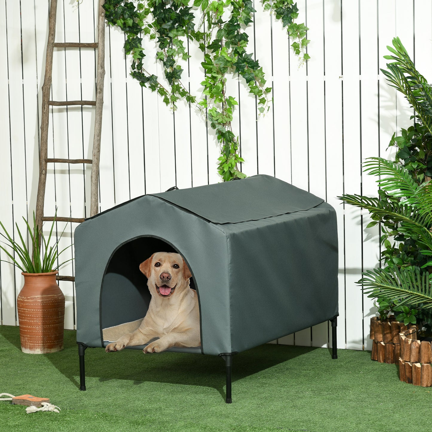 PawHut Caseta para Perros con Cubierta Exterior 110x75x87 cm Cama Elevada para Mascotas con Cojín y Ventanas de Malla Enrollable para Perros Grandes Gris