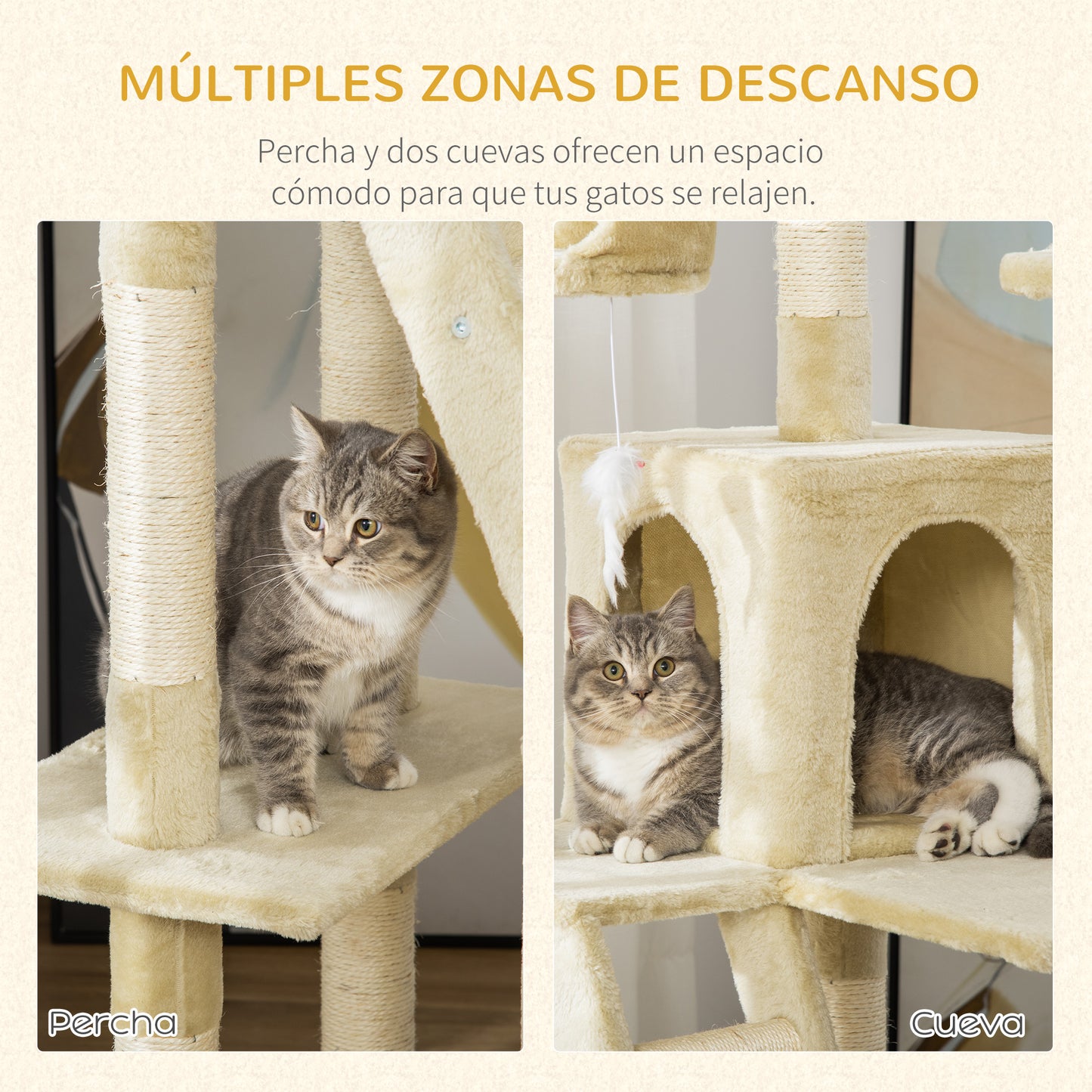 PawHut Rascador Árbol para Gatos Grande 60x50x181 cm con Poste de Arañar Múltiples Plataformas Escaleras Cuevas Juguetes Centro de Actividades Beige